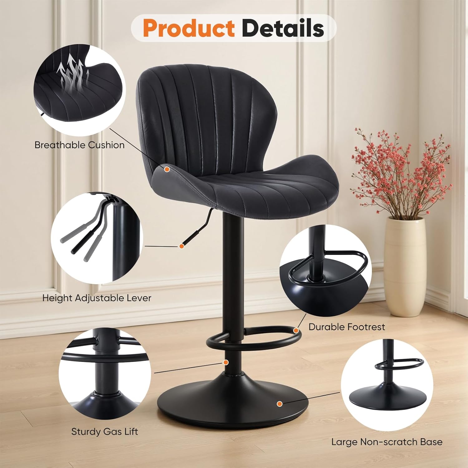 Sweetcrispy Bar Stools Set of 4, Modern Swivel Bar Chairs, Adjustable Fabric Upholstered Barstools Counter Height with Backrest for Kitchen Island, Dining Room, Black