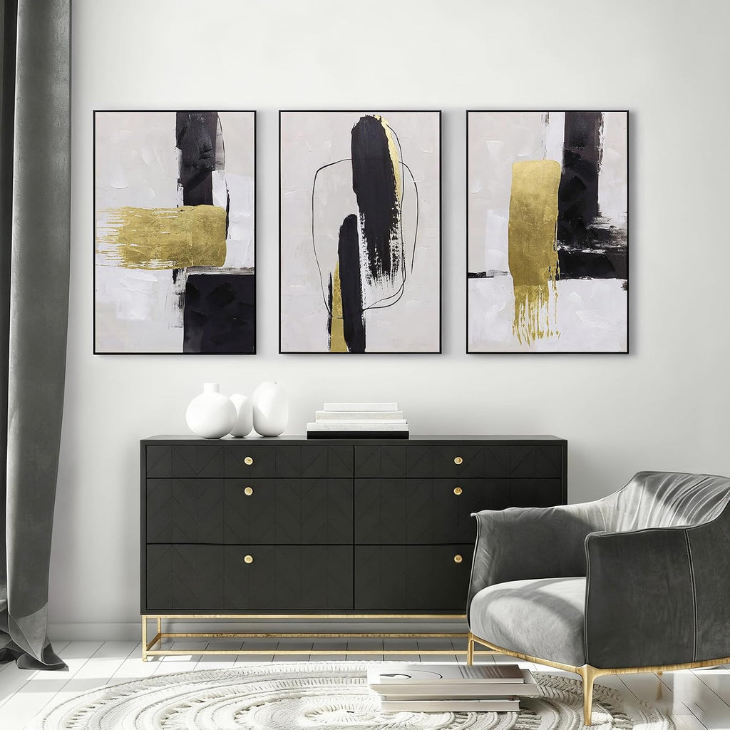 Abstract Neutral Textured Framed Canvas Wall Art Set of 3, Minimalist Wall Decor Modern Art Prints, Black Gold Wall Painting Artwork for Living Room,Bedroom,Dining Room,Office, 16"x24"