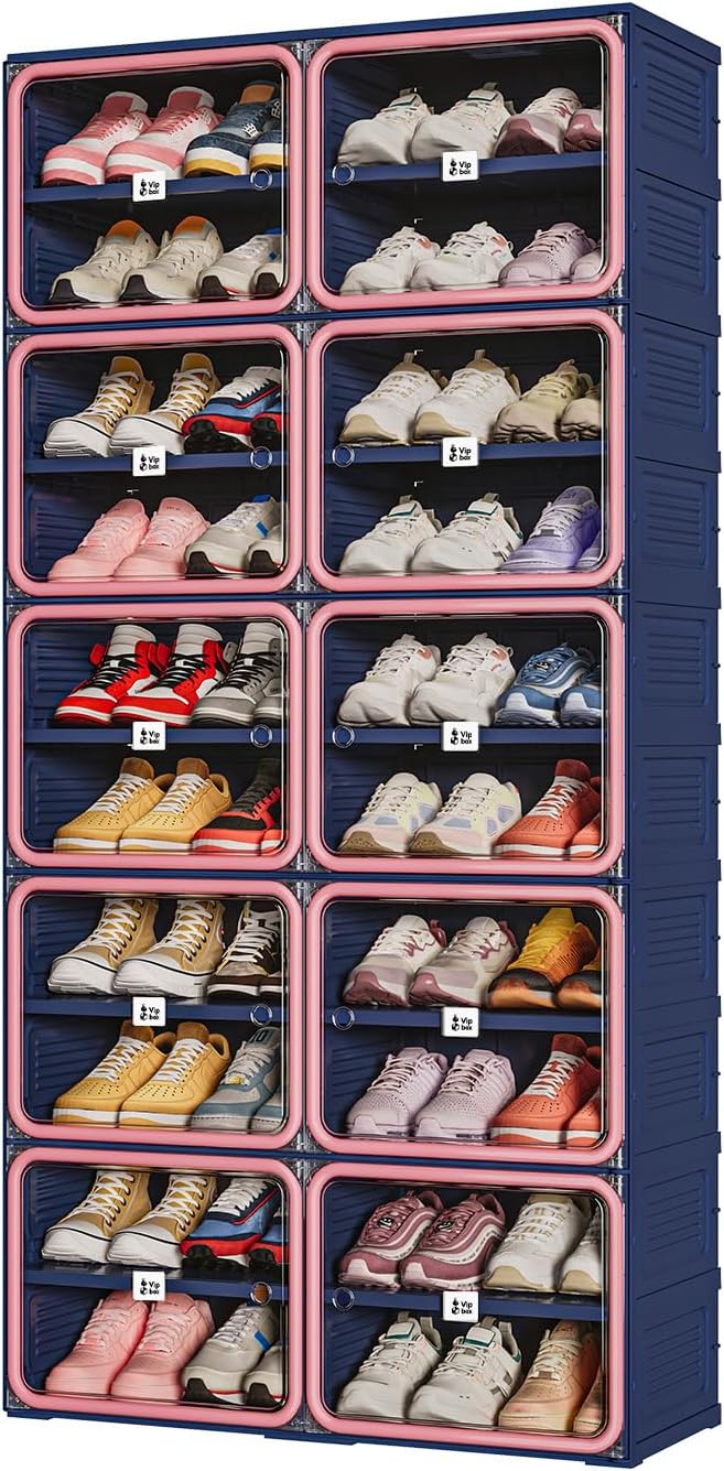 Vipbox Foldable Shoe Rack Organizer with 10-Tier Storage, Easy No-Tool Assembly Shoe Cabinet with Magnetic Clear Doors, Large Capacity 40 Pairs Collapsible Shoe Storage for Entryway, Bedroom， Hot Pink