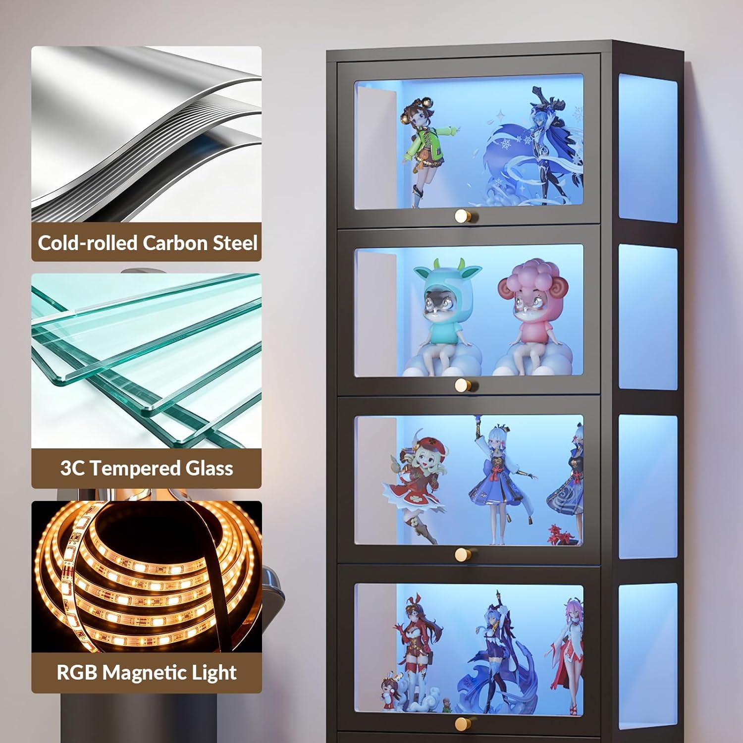 Display Cabinet with Glass Doors, 67" Metal Curio Cabinet with Drawer & 13-Color RGB LED Lights, 5-Tier Glass Display Case for Collectibles, Figure, Toys, Books, Black