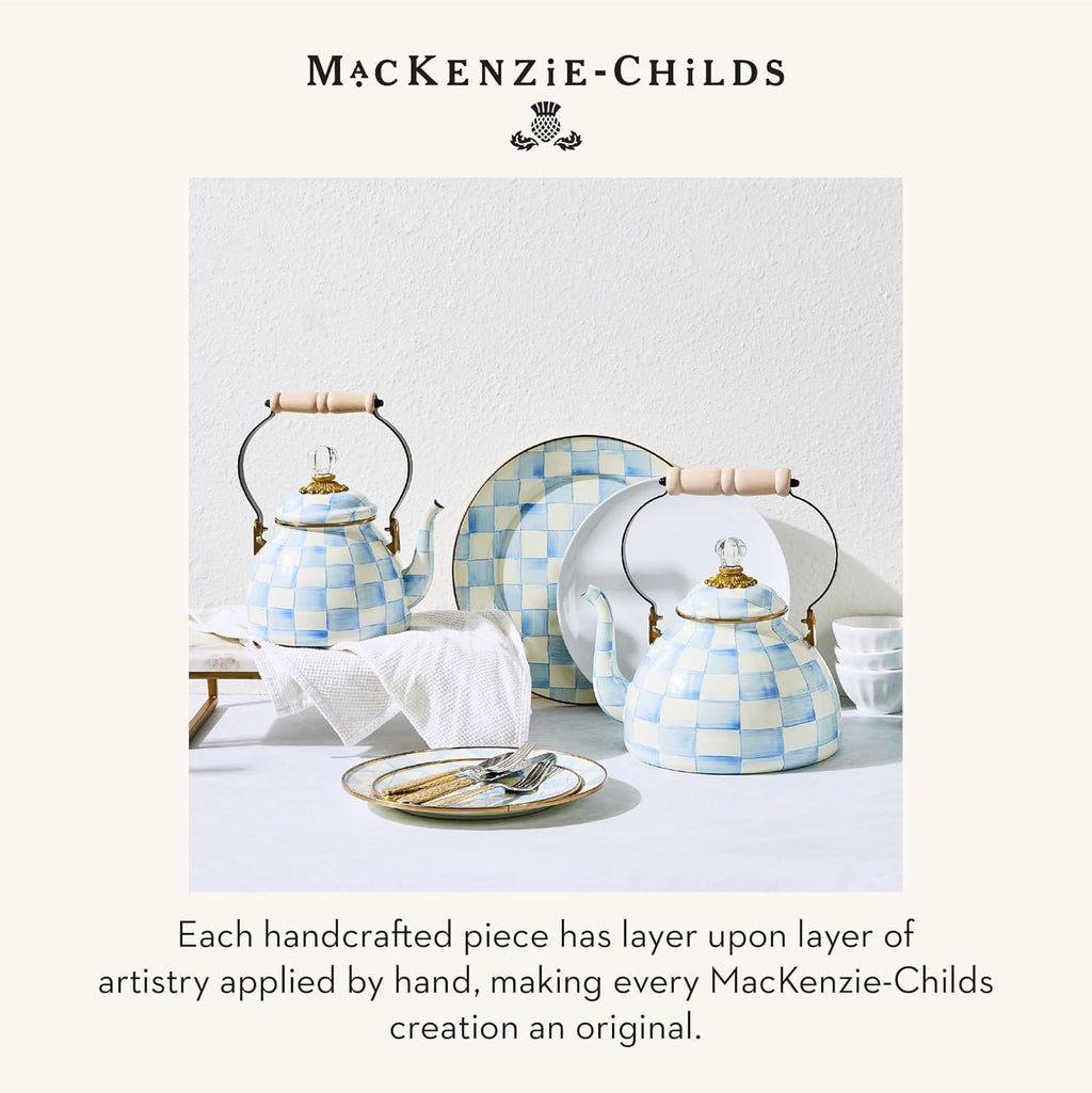 MACKENZIE-CHILDS Enamel Squashed Pot, Enamelware Storage Canister with Lid, 20-Ounce Capacity, Light-Blue-and-White Sky Check