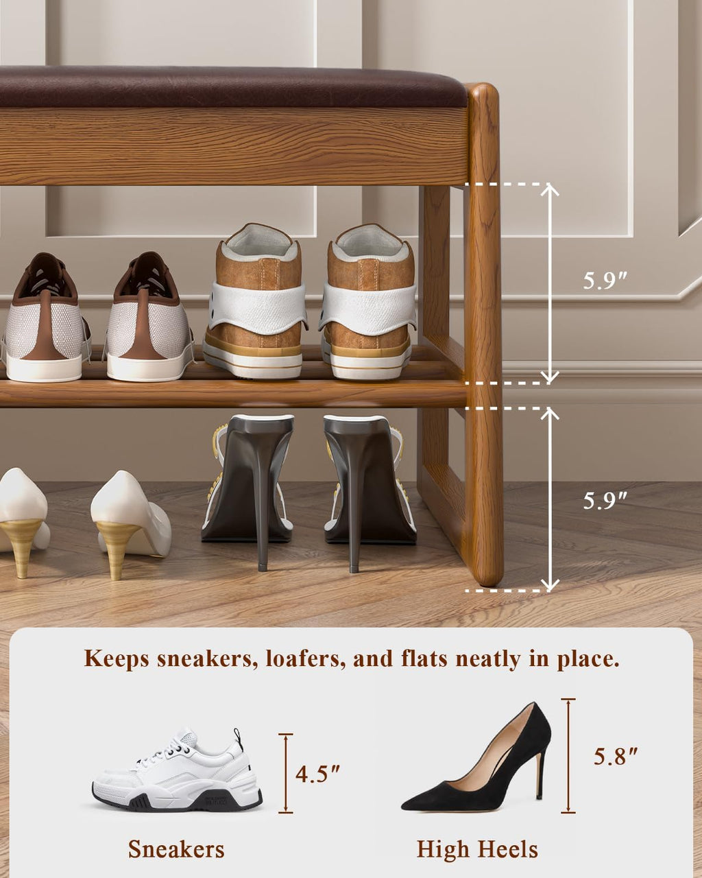 IUNVR Shoe Rack Bench with Hidden Storage, 2-TierSolid Rubberwood Entryway Bench with SoftLeather Cushioned Seat & Flip-Top Storage,330lbs Capacity, Wooden Shoe Organizer forHallway, Closet, Foyerm
