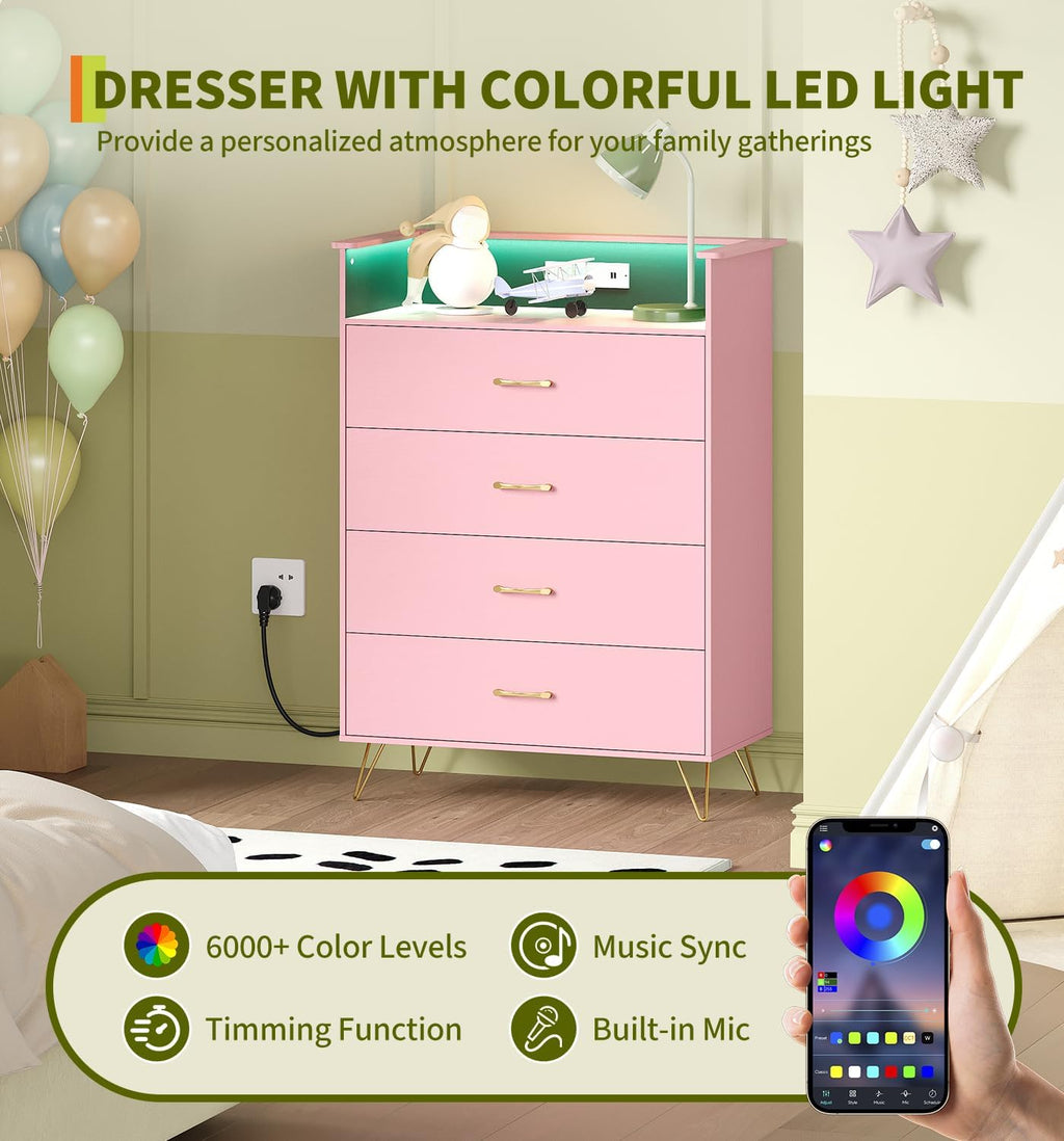 Jojoka 4 Drawer Dresser with RGB LED Light & Charging Station - Modern Chest of Drawers with App Control - Tall Wooden Dressers Chest, Closet for Bedroom, Living Room, Entryway, Hallway – Rose