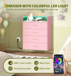 Jojoka 4 Drawer Dresser with RGB LED Light & Charging Station - Modern Chest of Drawers with App Control - Tall Wooden Dressers Chest, Closet for Bedroom, Living Room, Entryway, Hallway – Rose
