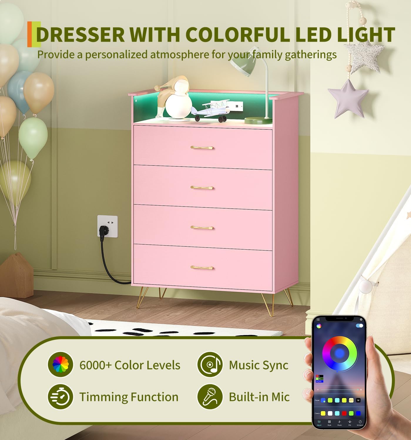 Jojoka 4 Drawer Dresser with RGB LED Light & Charging Station - Modern Chest of Drawers with App Control - Tall Wooden Dressers Chest, Closet for Bedroom, Living Room, Entryway, Hallway – Rose