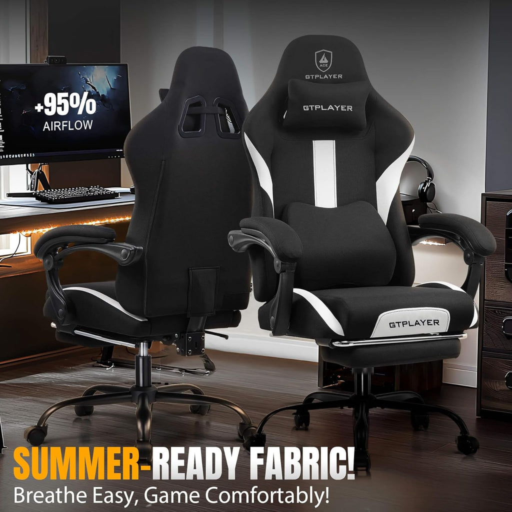 GTPLAYER Gaming Chair with Foot Rest & Pocket Spring Cushion, Breathable Fabric for Home Office Desk, Ergonomic High Back Computer Chair with Headrest & Lumbar Support, Black