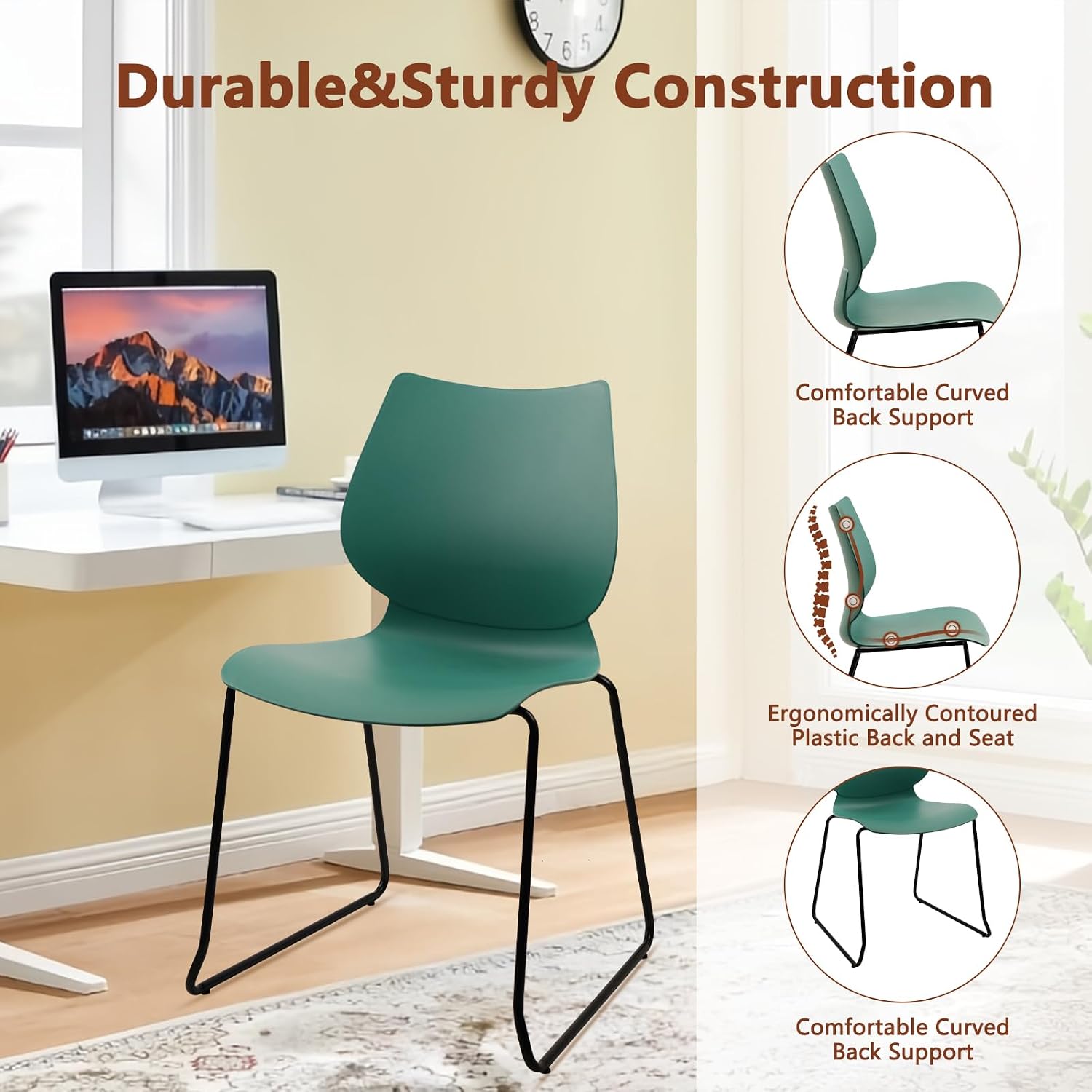 KLASIKA Stacking Chairs, Stackable Waiting Room Chairs, Conference Chair with Back & Church Chairs No Wheels with Metal Legs, Suitable for Offices Conference Training Waiting Room Set of 4, Green