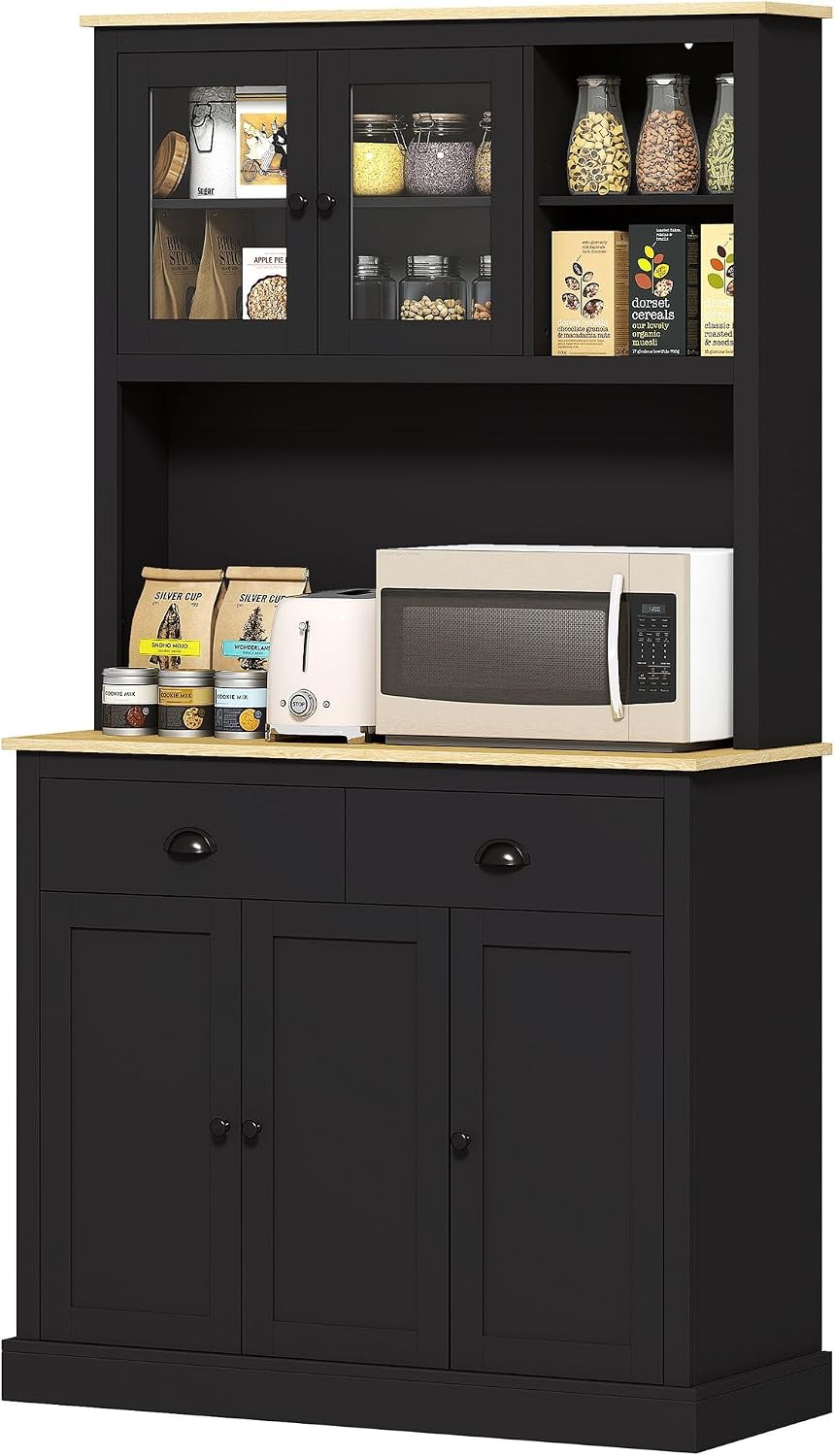 71in Freestanding Pantry Storage Cabinet with Premium Wide Countertop Specification, Adjustable Shelves Optimization, Black Modern Shade