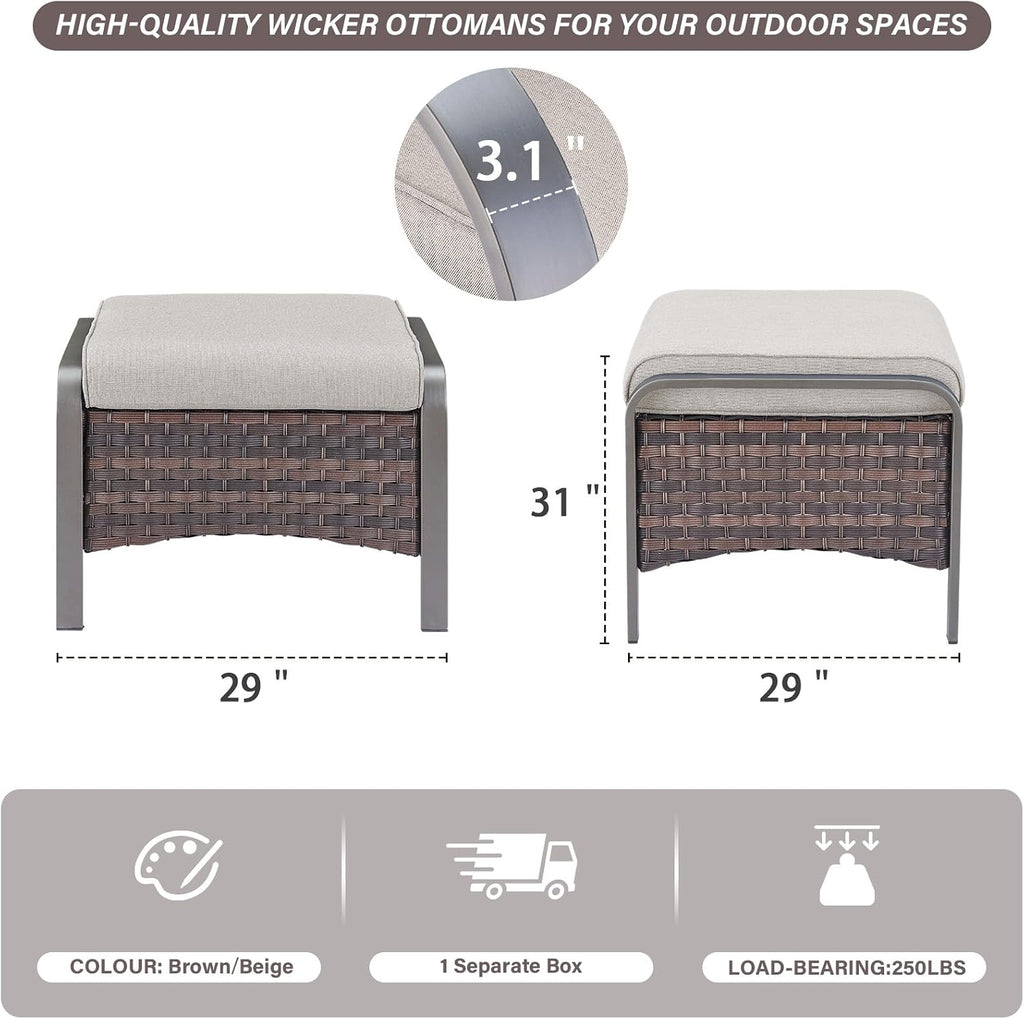 Belord Outdoor Ottomans for Patio - 250 LBS Weight Capacity PE Wicker Foot Rest Ottoman Set of 2 with Metal Frame Multipurpose Outdoor Foot Stool for Porch Balcony Backyard Brown