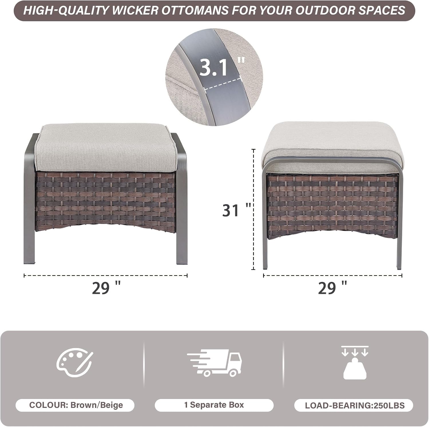 Belord Outdoor Ottomans for Patio - 250 LBS Weight Capacity PE Wicker Foot Rest Ottoman Set of 2 with Metal Frame Multipurpose Outdoor Foot Stool for Porch Balcony Backyard Brown