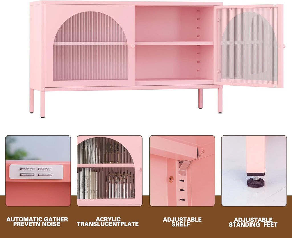 2 Door Metal Accent Storage Cabinet for Music Studio,Living Room,Home,Hotel,Office,2-Tier Steel Storage Locker TV Stand (Translucent Door, New Pink)