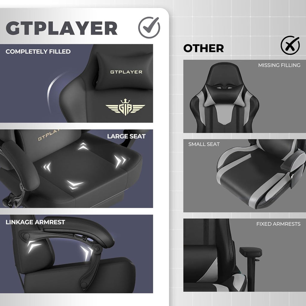 GTPLAYER Big and Tall Gaming Chair 400lbs Heavy Duty Office Chair with Footrest, High Back Pocket Spring Ergonomic Computer Chair for Adults, Wide Seated Cushion with Linkage Armrests, Leather Black