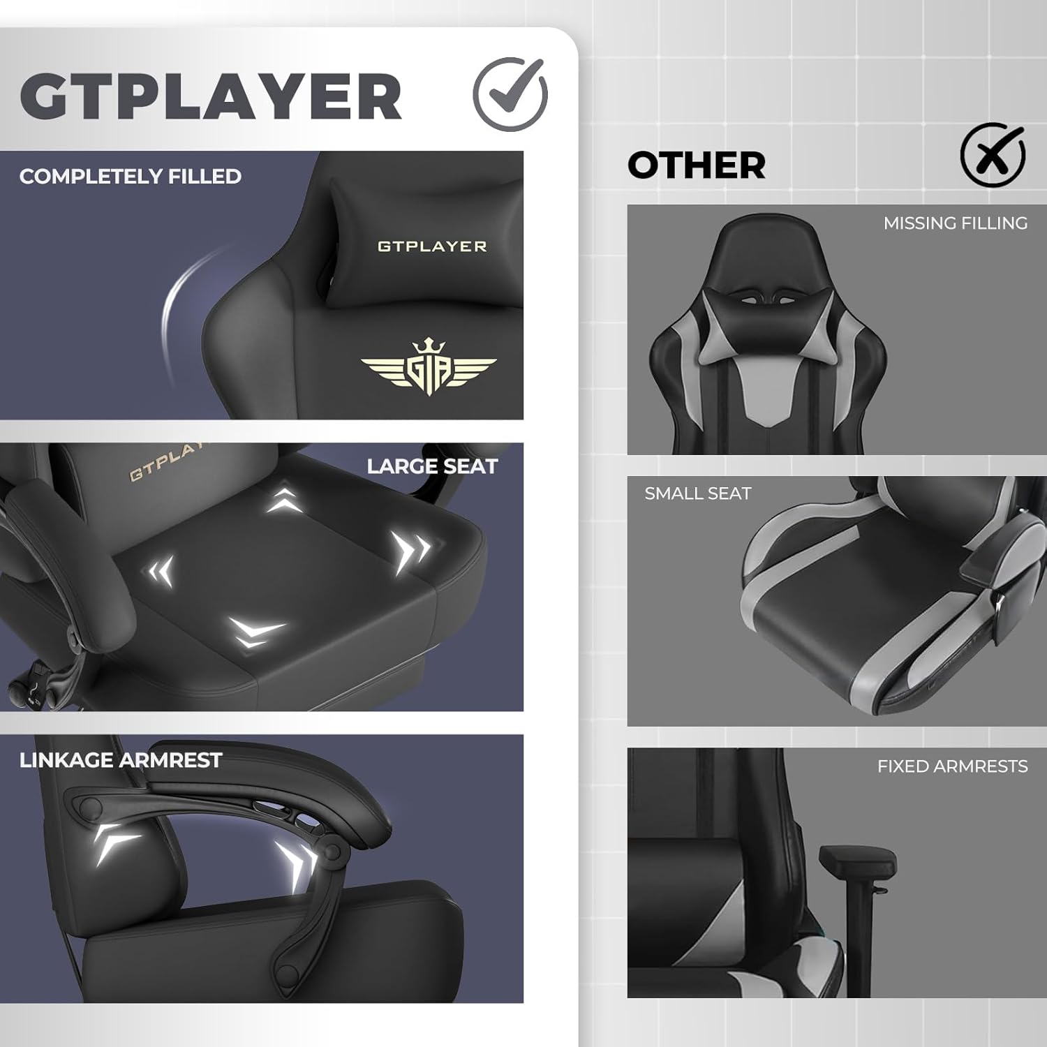 GTPLAYER Big and Tall Gaming Chair 400lbs Heavy Duty Office Chair with Footrest, High Back Pocket Spring Ergonomic Computer Chair for Adults, Wide Seated Cushion with Linkage Armrests, Leather Black