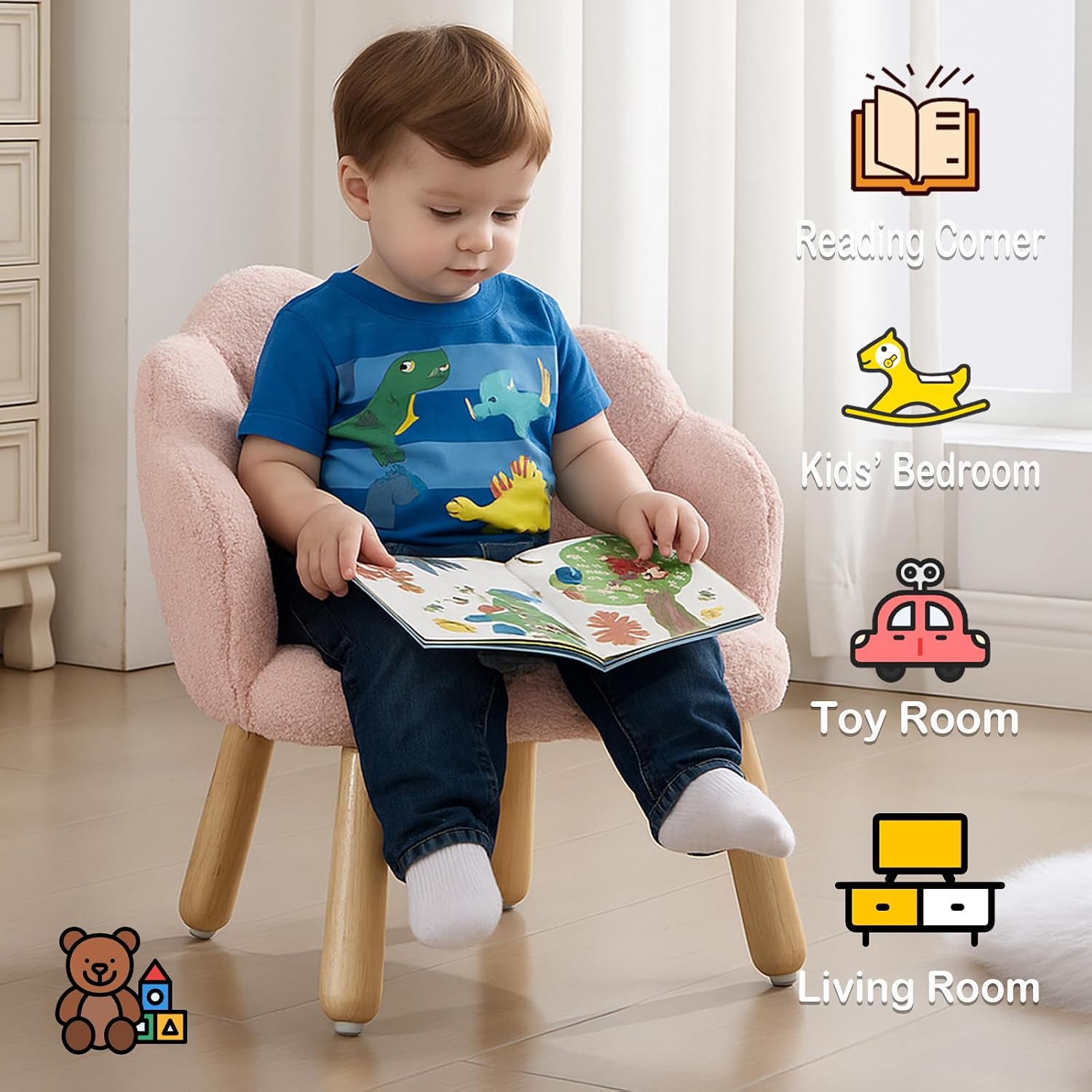 Pink Toddler Chairs, Kid Armchair, Toddler Chairs Comfy, Shepra Kids Chair for Children, Wooden Kids Chair, Kid Room Reading Chairs for Playroom/Living Room/Nursery, Pink