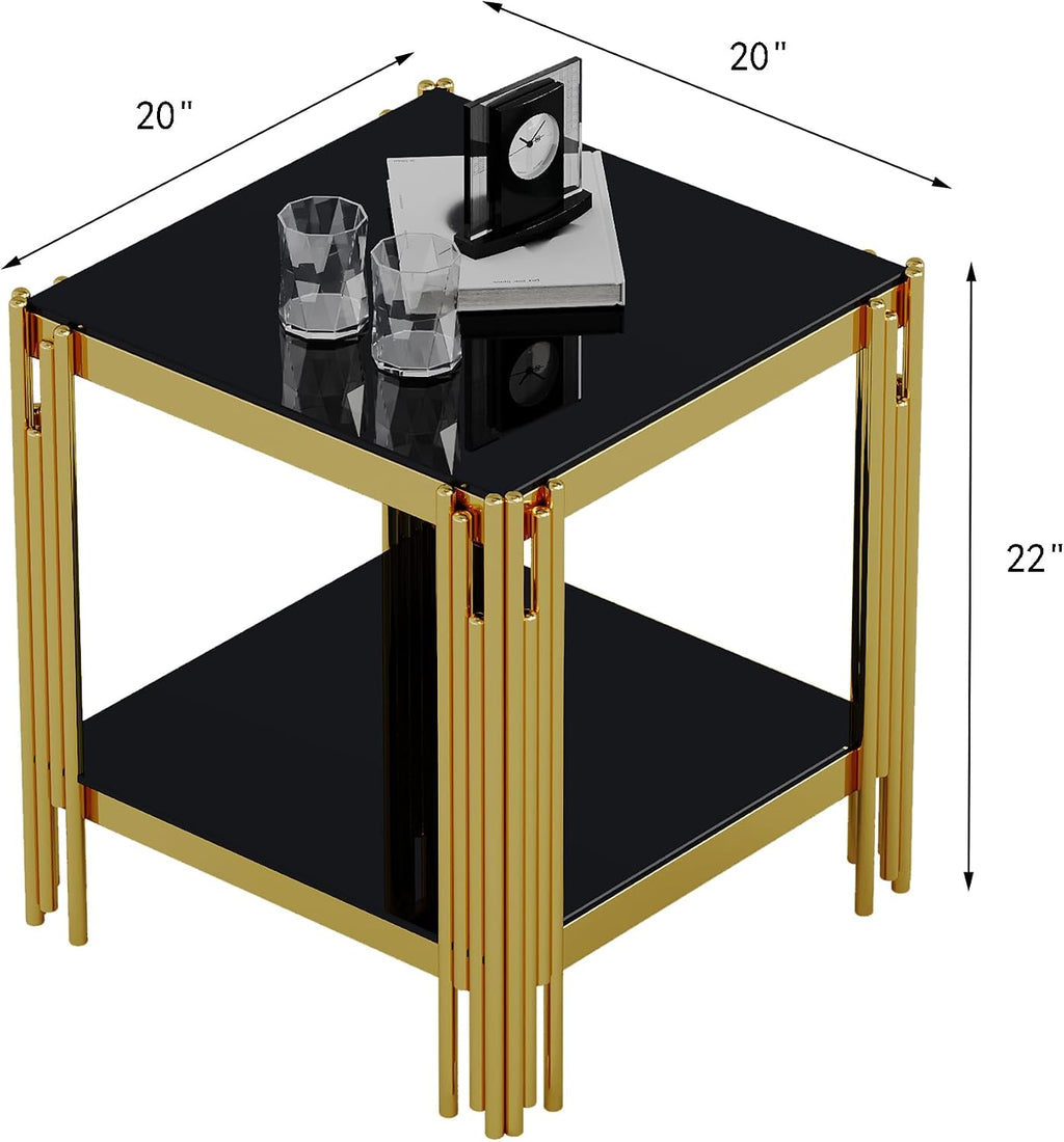 Modern Square End Table Black Glass Sofa Side Table with Gold Stainless Steel Base, Luxury 2-Tier Small Accent Tables with Glass Top & Lower Shelf for Living Room Apartment