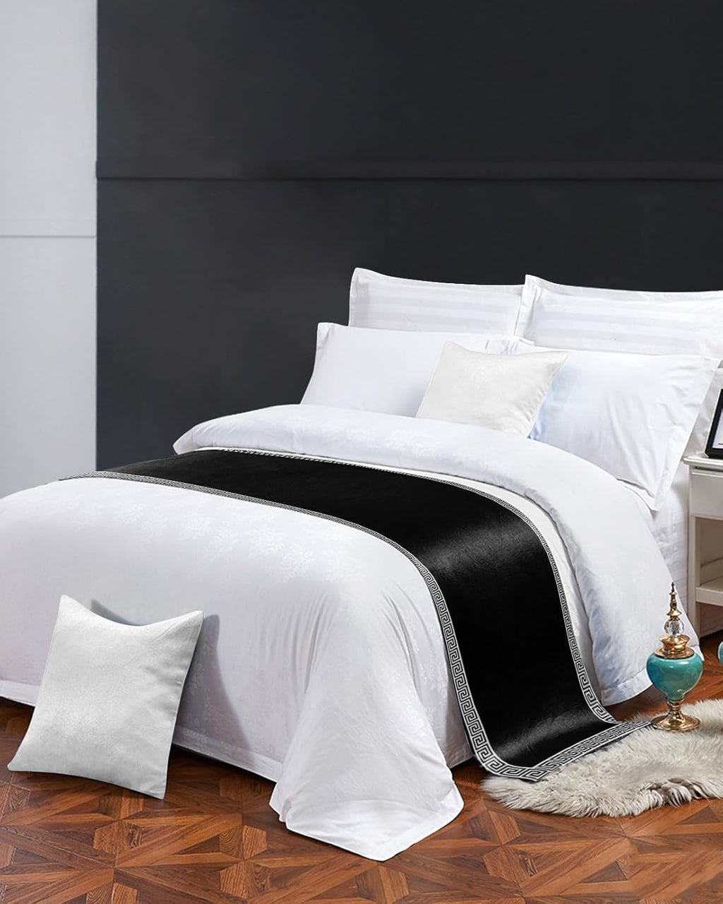 Greek Art Inspired Geometry Bed Runners for Bedroom Hotel,Decorative Bedding Scarf Abstract Monochrome Black White Bed End Blanket Bedding Runner Scarves for King Size Bed,102x20in