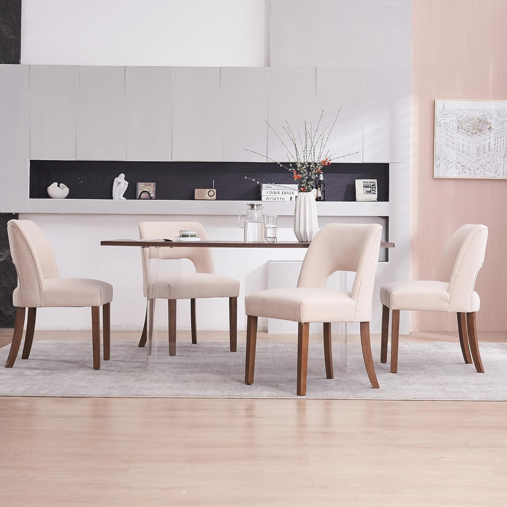 VKNOW Wooden Dining Chairs Set of 4, Modern Fabric Upholstered Dining Room Chair Kitchen Chairs, Farmhouse Dinner Chair for Kitchen Dining Room, Beige