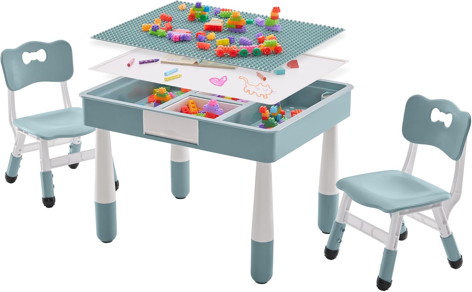 DOREROOM 4 in 1 Kids Table and 2 Chairs Set with Storage, Toddler Table and Chair Set for Kids Ages 3-10, Graffiti & Building Blocks Double-Sided Tabletop (Grayish Blue, 2 Chairs)