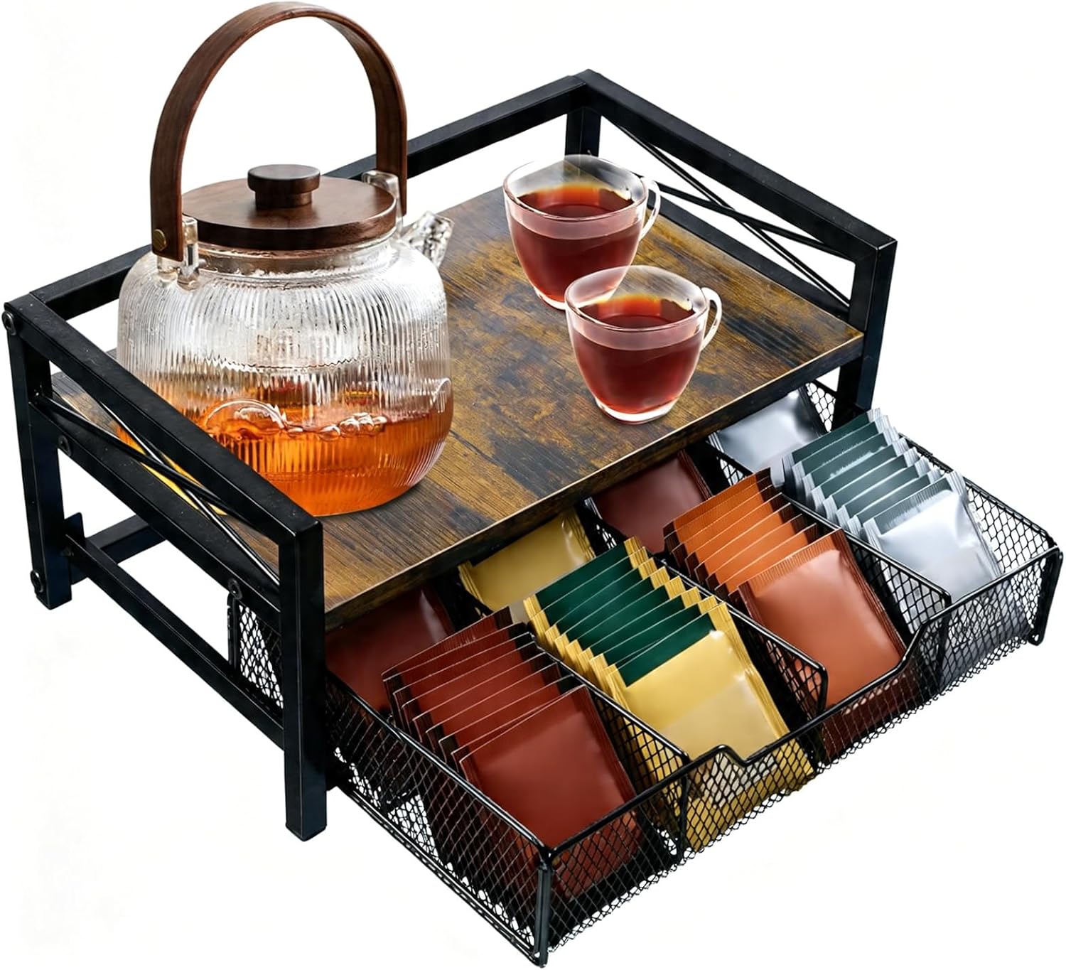 NANXITU Tea Holder Organizer,Wood Tea Box Organizer Storage Box | Tea Caddy for Tea Bags Organizer Drawer,with 8 Compartments Multi-Functional Tea Station Chest for Countertop