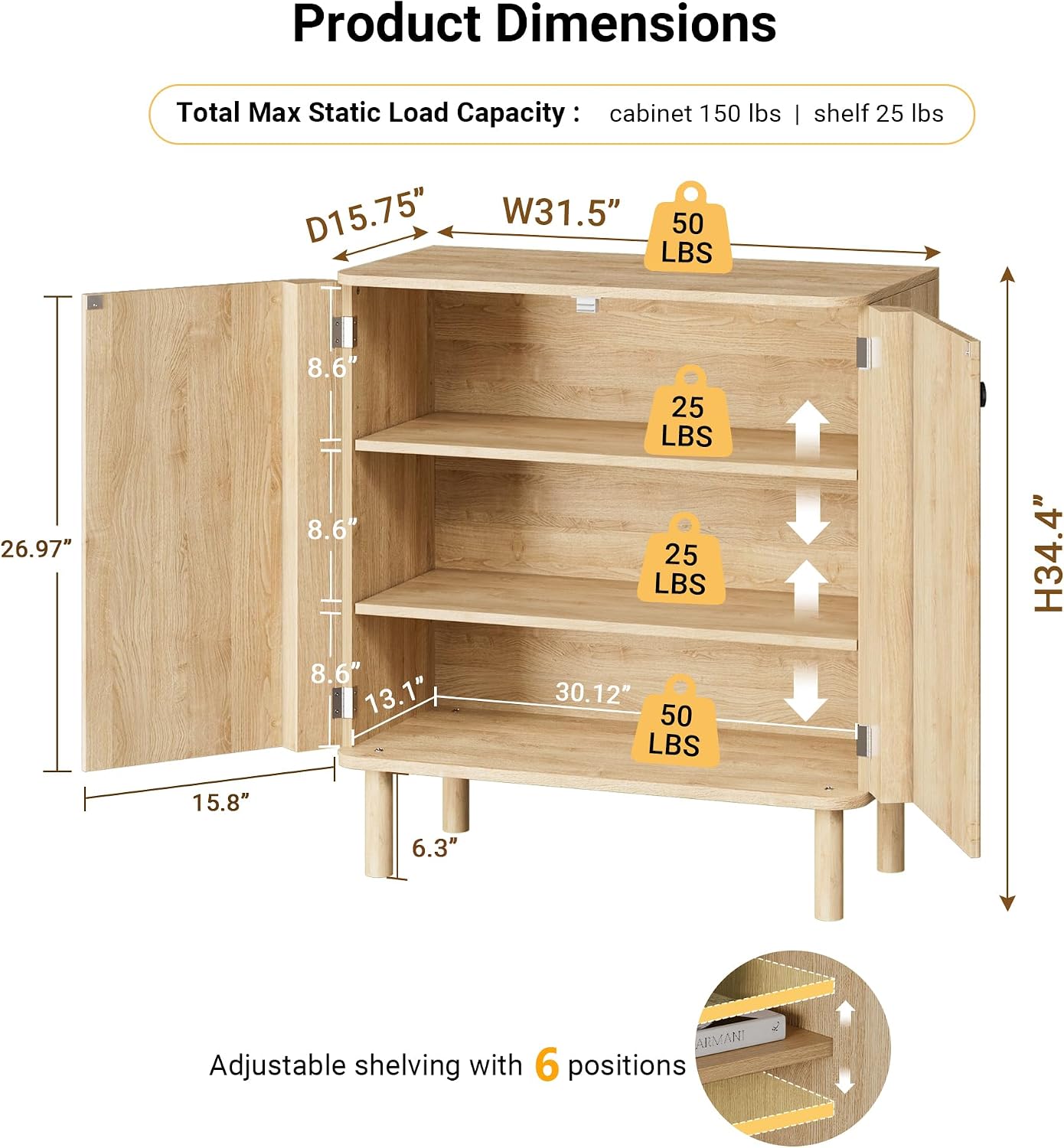 Fluted Sideboard Buffet Cabinet with Storage, 31'' Natural Oak Wood Buffet with Adjustable Shelves, Solid Wood Legs & 210° Wide-Open Door, Rounded Credenza for Kitchen & Entryway