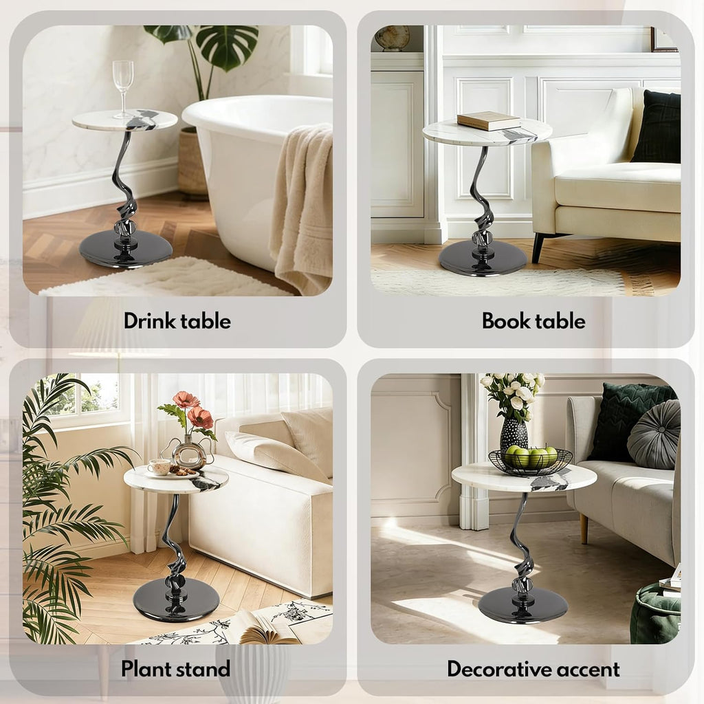 Lovedeco Elvon Calacatta Marble Side Table, 16” Round Marble Top with Metal Base End Table Polished for Sofa, Living Room, Bedroom