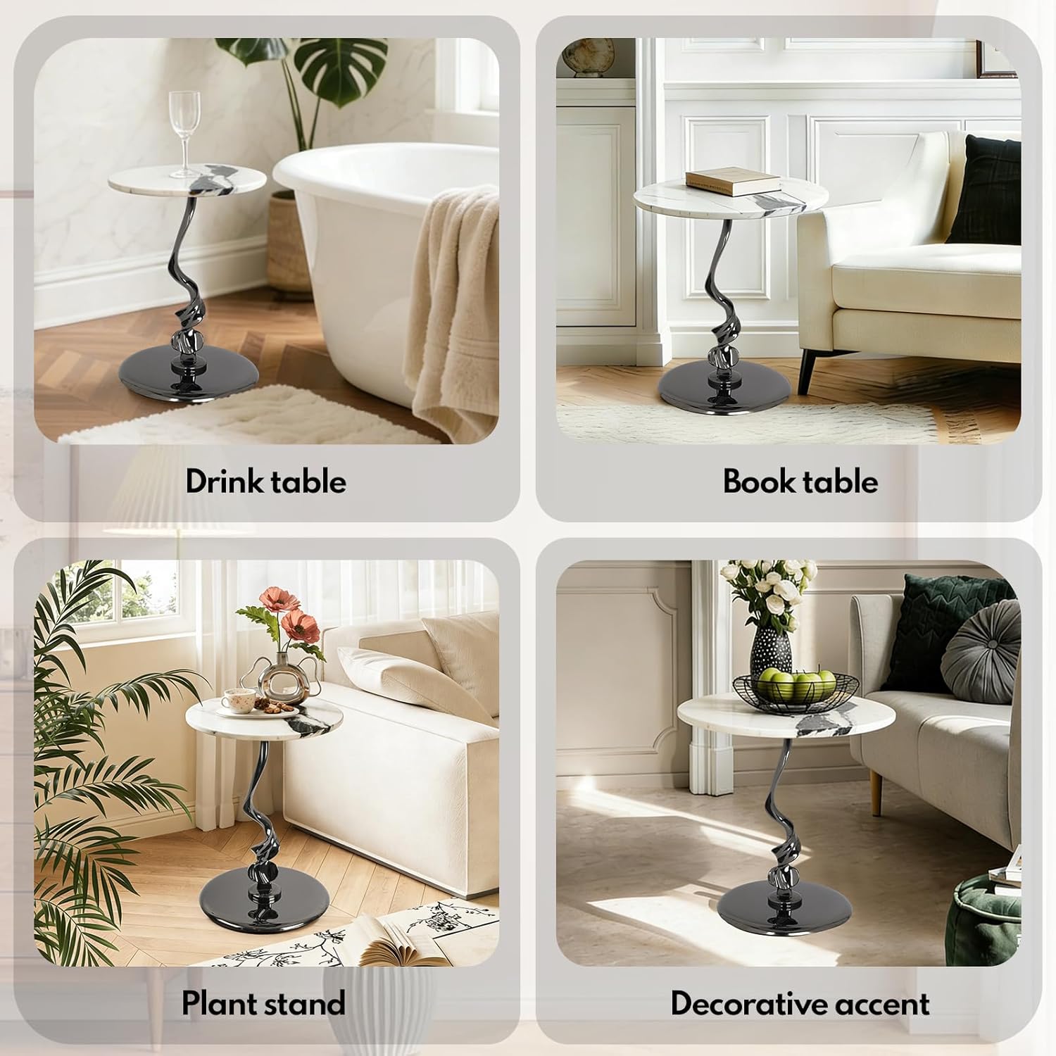 Lovedeco Elvon Calacatta Marble Side Table, 16” Round Marble Top with Metal Base End Table Polished for Sofa, Living Room, Bedroom