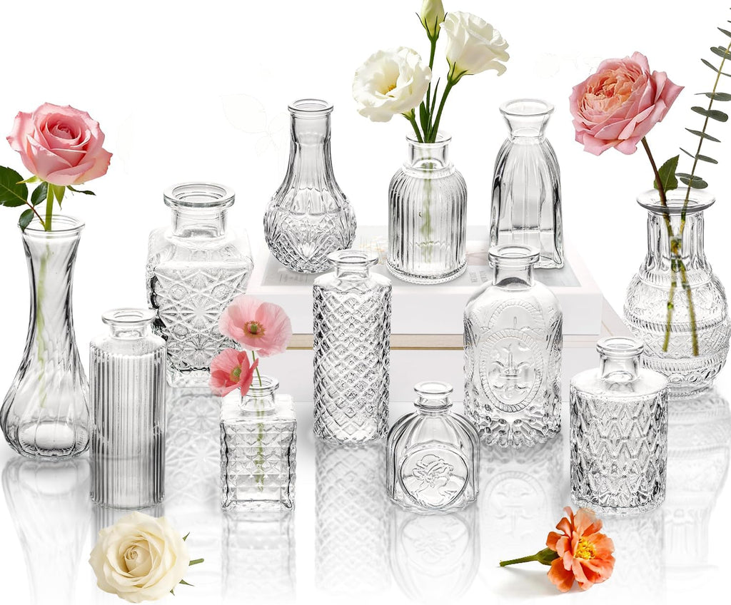 Clear Glass Bud Vase Set of 12 Pcs,Small Bud Vases in Bulk,Glass Crystal Flower Vases Table Centerpieces for Party Event Wedding Decor Baby Shower Decorations (Clear, 12 Pcs)