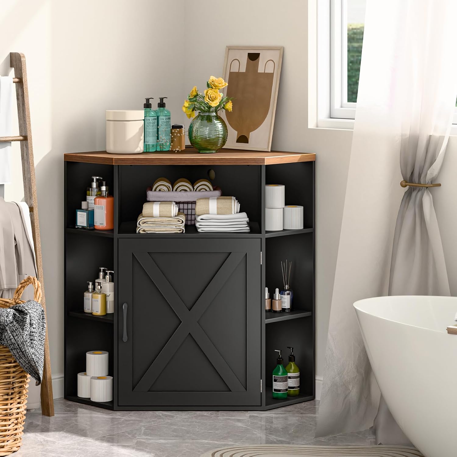 Vabches Corner Cabinet, Corner Storage Shelf with USB Ports and Outlets Industrial Organizer for Small Space Wooden 6-Cubby Bookshelf for Study, Playroom, Living Room (Black and Brown)