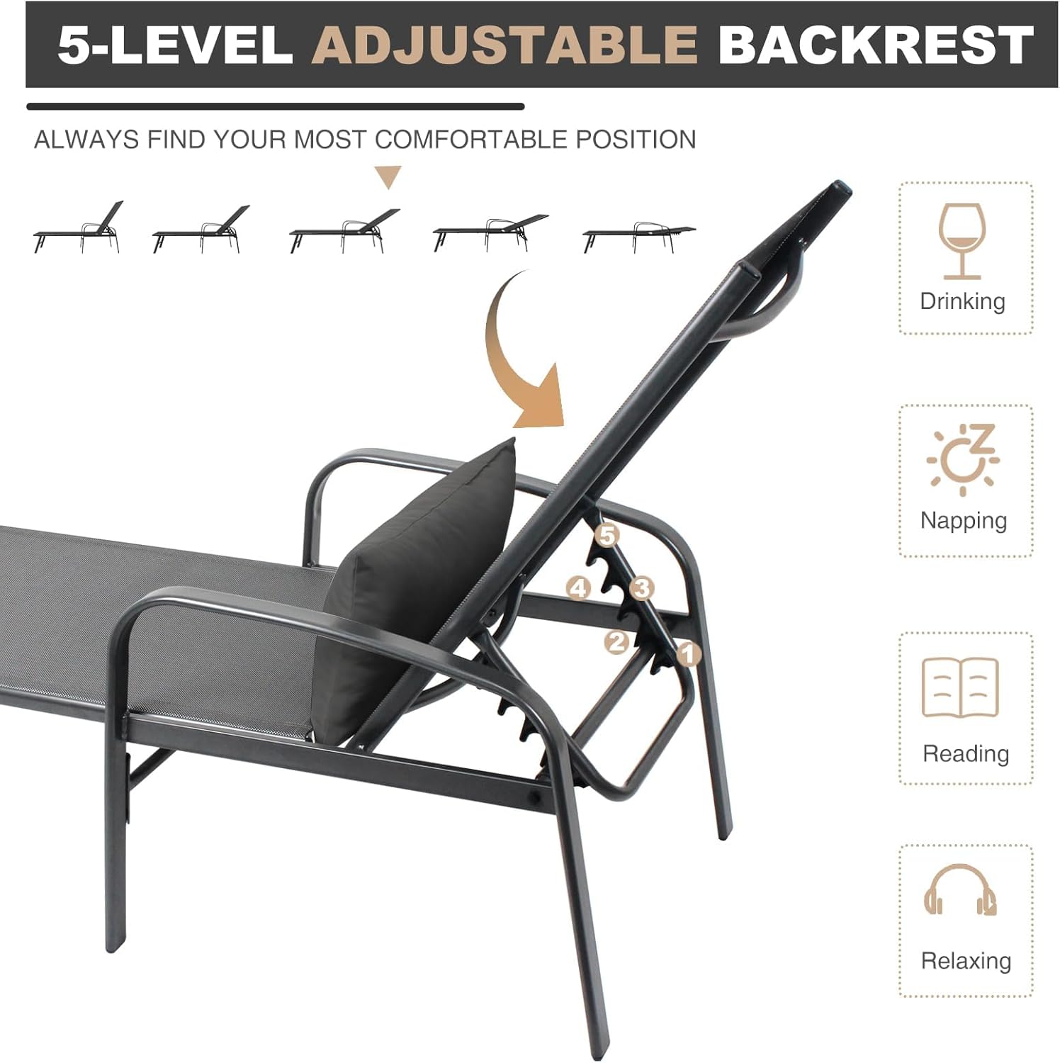 Outdoor Chaise Lounge Chair Adjustable Pool Lounge Chairs with Lumbar Pillow Outside Tanning Chairs for Beach Deck Backyard Lawn (Grey, 2 pcs)