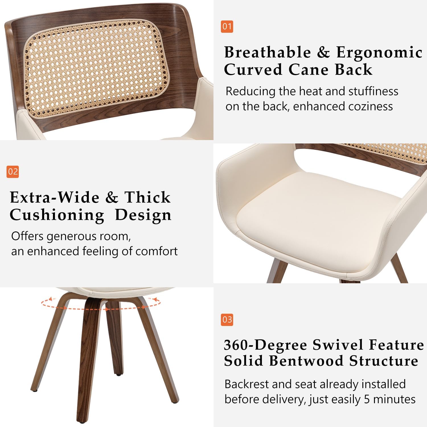 Set of 2 Swivel Dining Chairs - MCM Dining Chairs with Curved Arms, Ergonomic Cane Back, Bentwood Frame, Dining Room Chairs for Kitchen/Conference/Restaurant/Living Room (Walnut Beige)