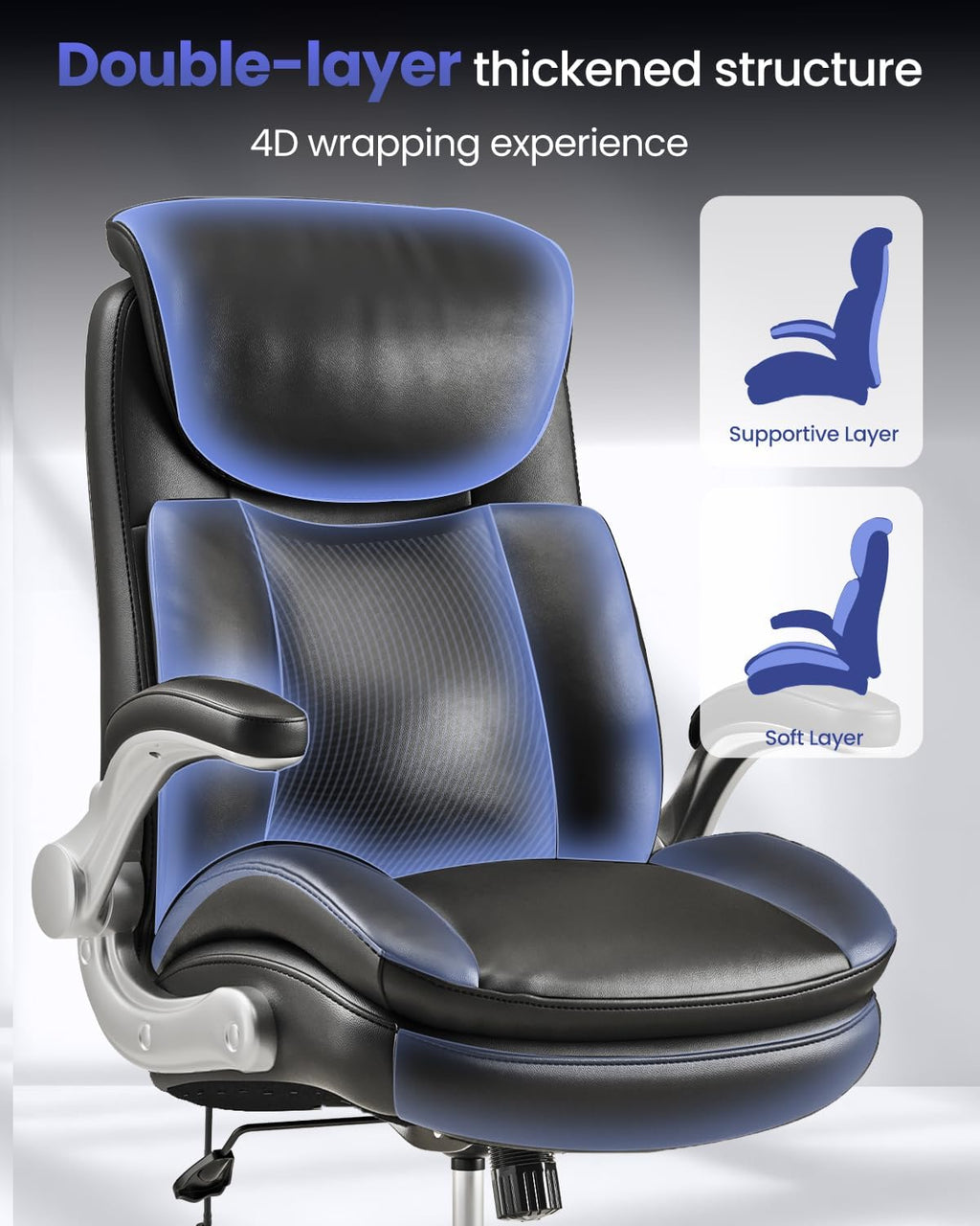 Office Chair Big and Tall, Adjustable Lumbar Support for Back Pain Relief, Double Cushioned Comfy Ergonomic Home Office Chair, Extra Wide Seat & Flip-up Armrests Office Chairs