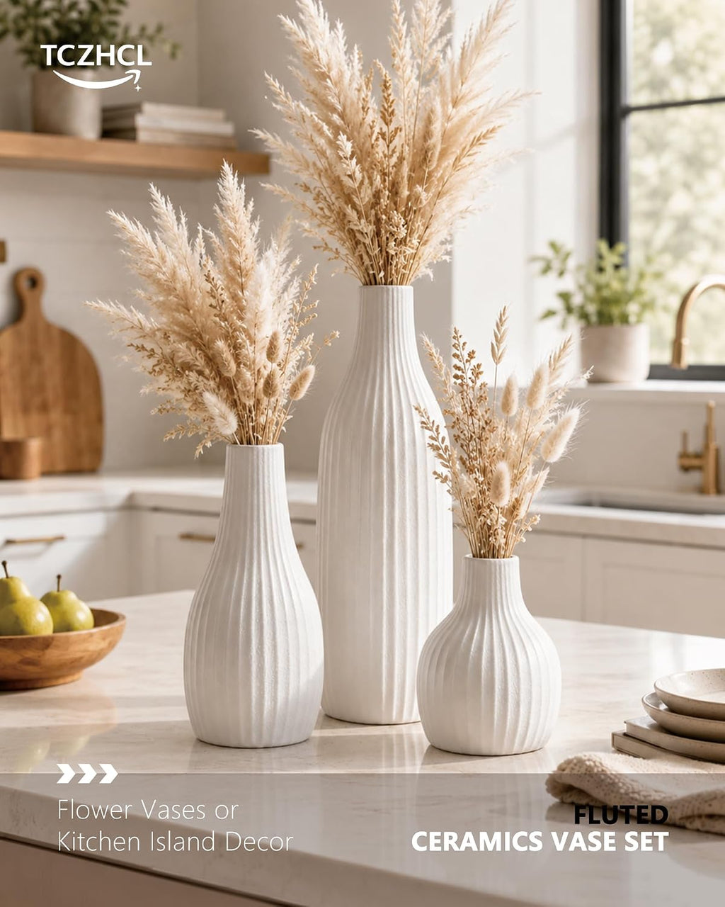 Minimal Line White Ceramic Vase Set of 3 - Modern Nordic Boho Decorative Vases for Home Table Decor, Shelf, Entryway, Coffee Table, Dining Table Centerpiece, Fireplace Mantel - Matte White