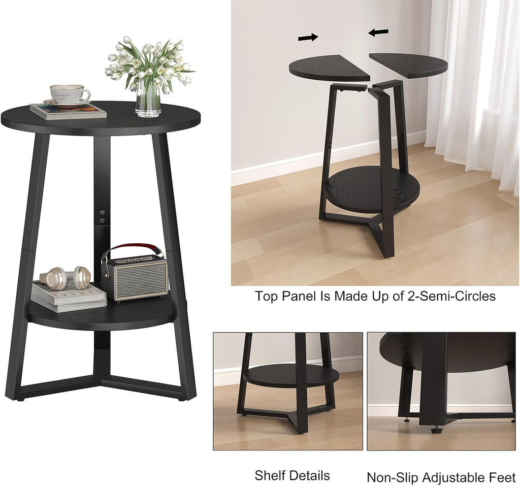 sthmec Small Round End Table, 2 Tier Side Table with Storage Shlef,Coffee Table Wooden Tabletop & Metal Frame,Round Accent Table Small Nightstands Couch Tables for Bedroom,Livingroom, Black