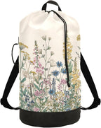 Flower Leaves Beige Laundry Bag Backpack Dirty Clothes Organizer With Strap and Handles Washable for College Travel Camp Dorm Essentials