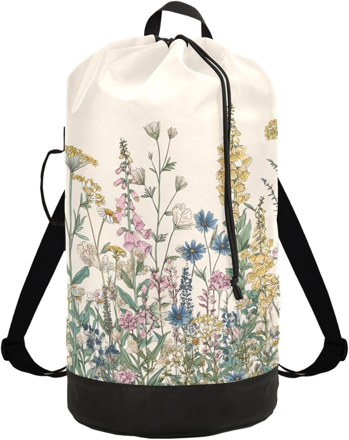 Flower Leaves Beige Laundry Bag Backpack Dirty Clothes Organizer With Strap and Handles Washable for College Travel Camp Dorm Essentials