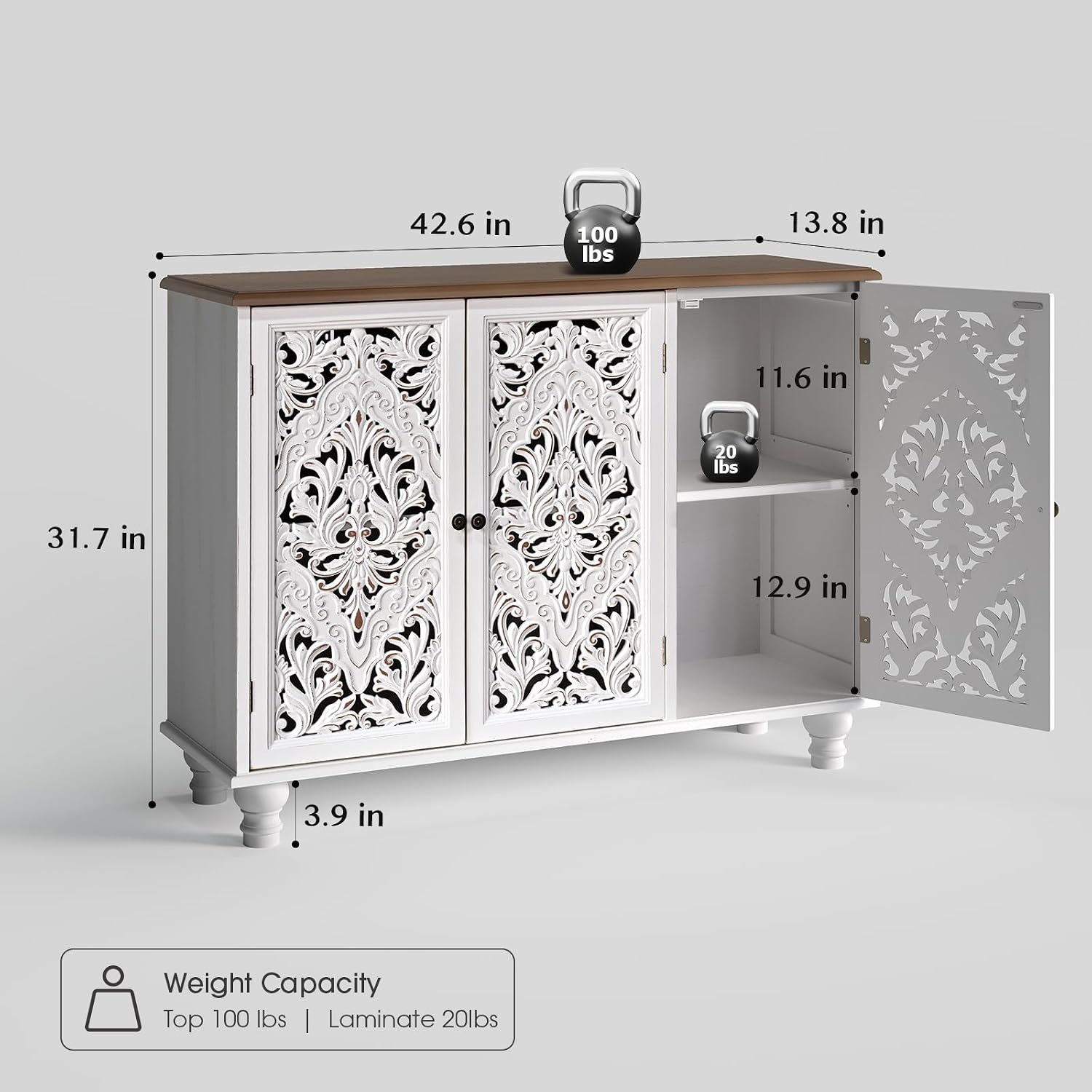 Jiansu furni Sideboard Buffet Cabinet with Storage,Accent Cabinet with 3 Doors & Adjustable Shelves for Kitchen, Living Room,Hallway,Bedroon(White)