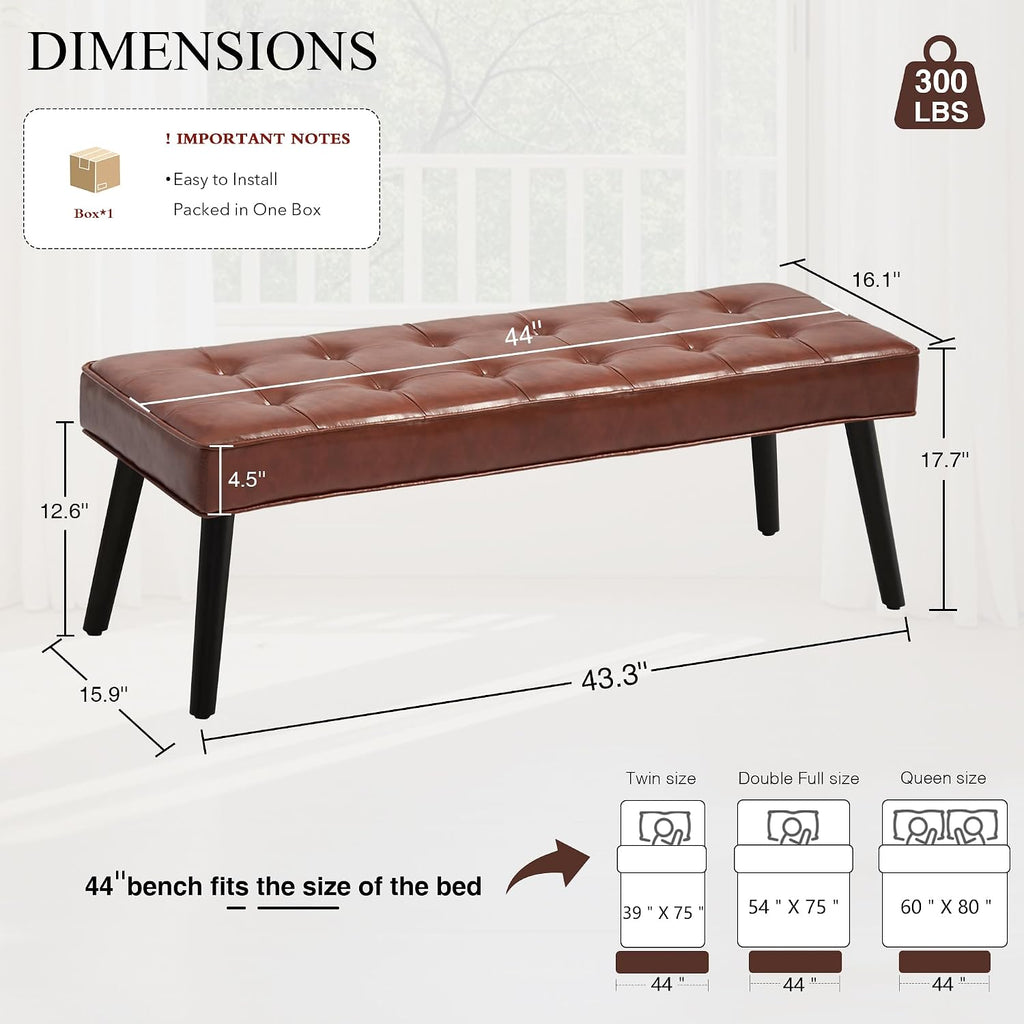LOULENS Entryway Bench, Modern PU Leather Upholstered Bench with Buttons Tufted for End of Bed, Bedroom, Living Room, Foyer, Hallway, Brown
