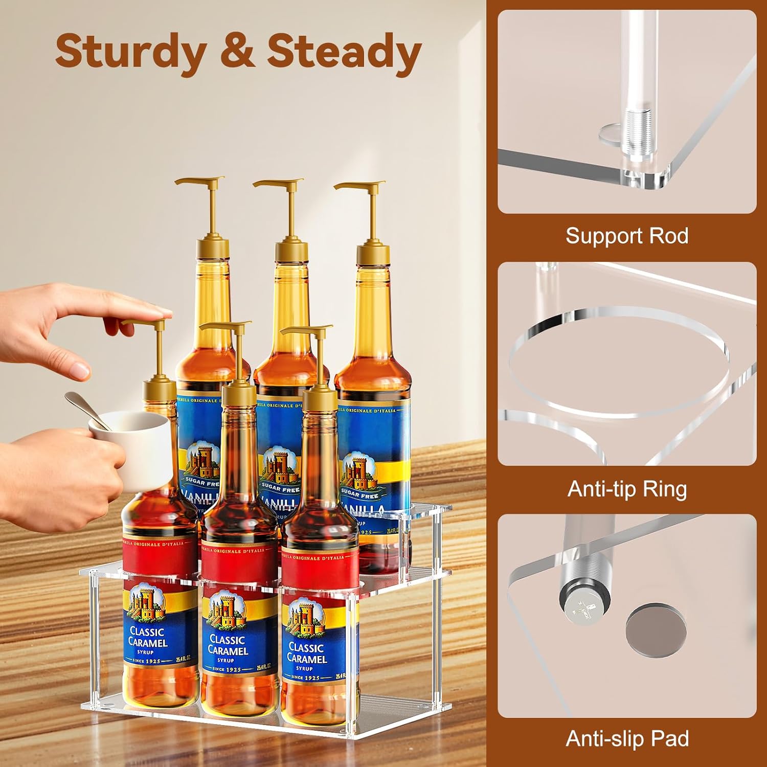 Nuovoware Acrylic Coffee Syrup Organizer, 2-Tier 6 Bottles Bar Organizer, Clear Coffee Syrup Rack for Countertop Kitchen Bar, Surface Film Can be Peeled Off, Transparent