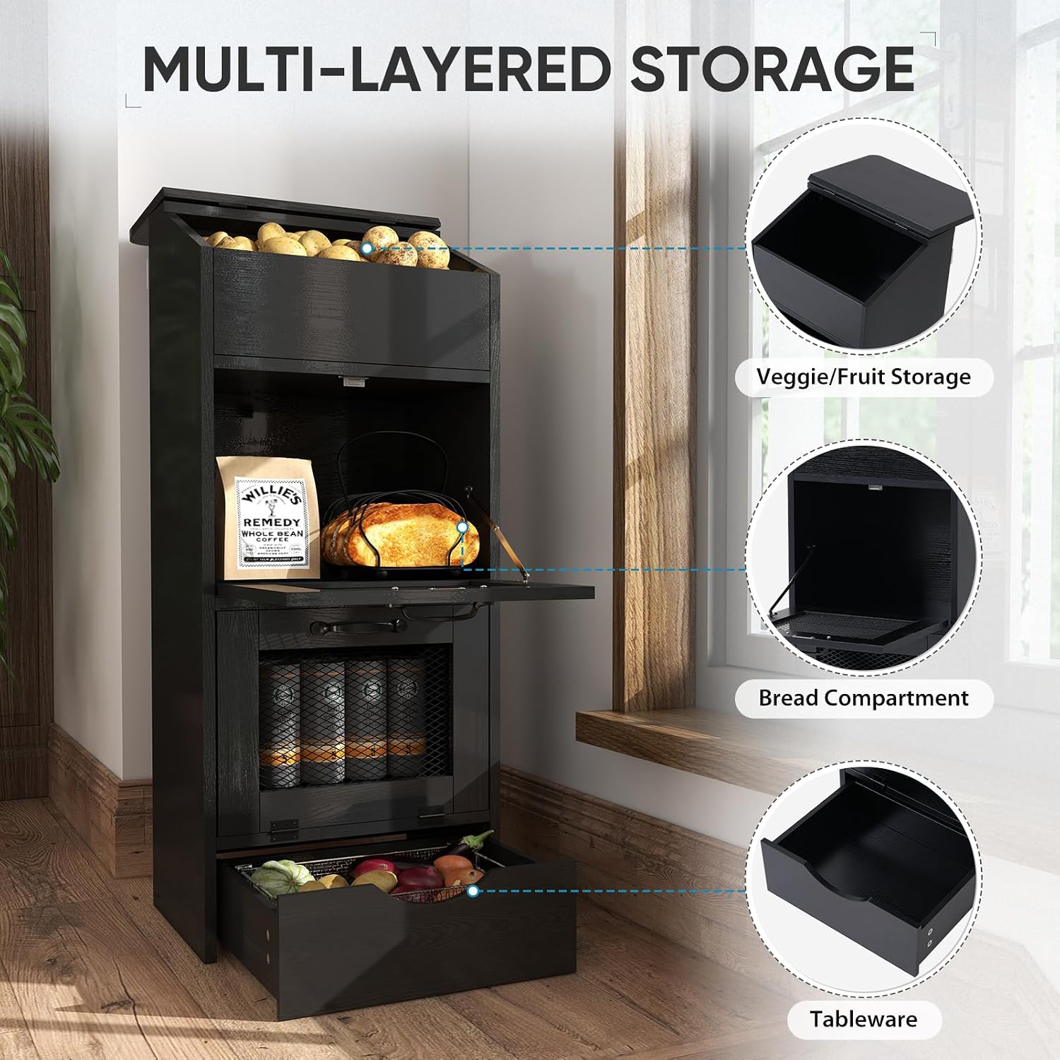 Verano Garden Potato Storage Bin, Wood Bread Box with Lid, Farmhouse Potato and Onion Storage Bin with Mesh Doors, Fruit and Vegetable Storage Rack with Removable Drawer (Black, 16.0")