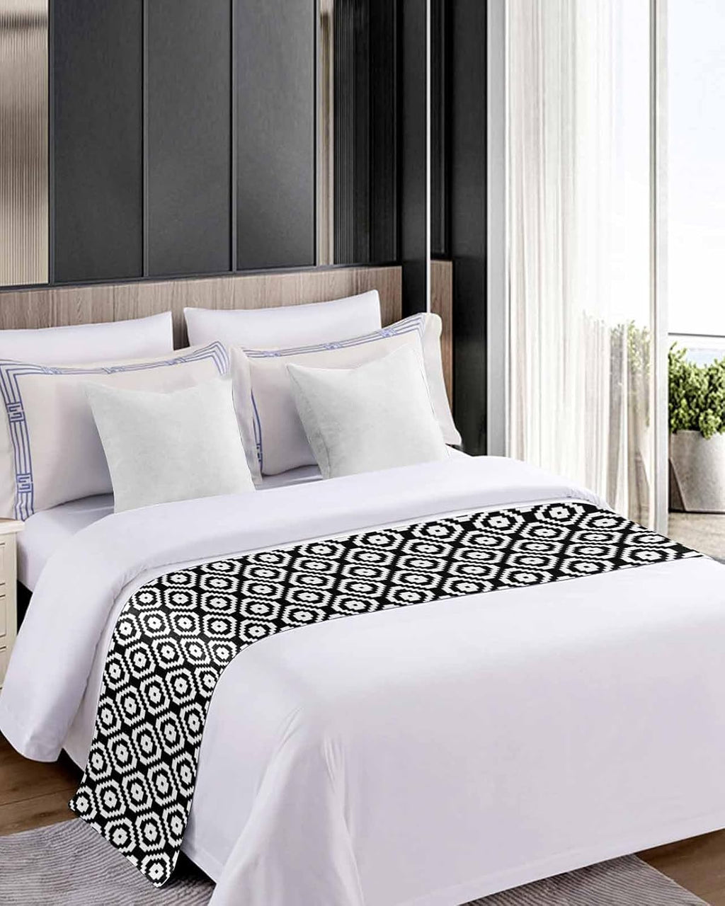Black White Geometric Bed Runner Scarf Cal King Size, Modern Abstract Art Luxury Bed Throw Runners & Scarves for Twin Full Queen King Foot of Beds, Bedroom Hotel Wedding Room Decoration, 102"x20"