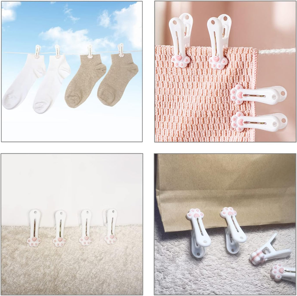 Plastic Clothespins Laundry Clothes Pins-24 Pack (Pink & Gray), Traceless Clothes Pegs, Bag Clips, Food Package Clip, with Cute Cat Claw Pattern