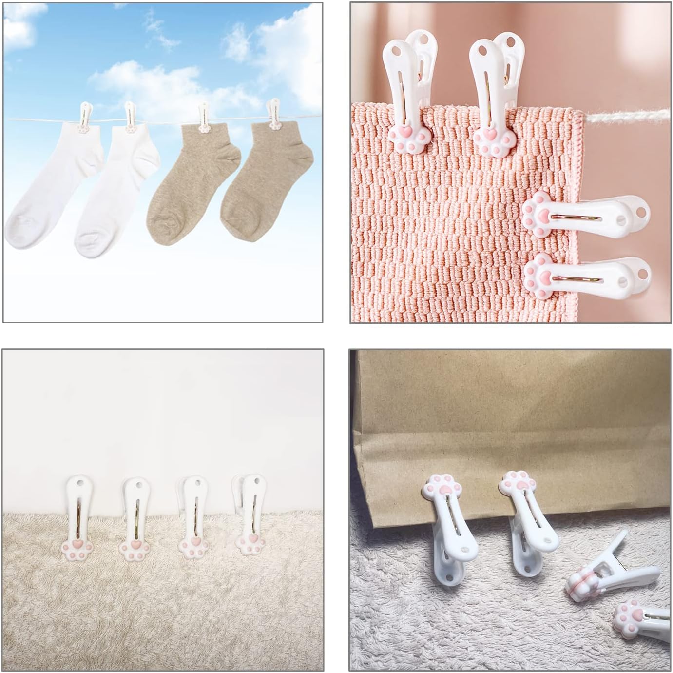 Plastic Clothespins Laundry Clothes Pins-24 Pack (Pink & Gray), Traceless Clothes Pegs, Bag Clips, Food Package Clip, with Cute Cat Claw Pattern