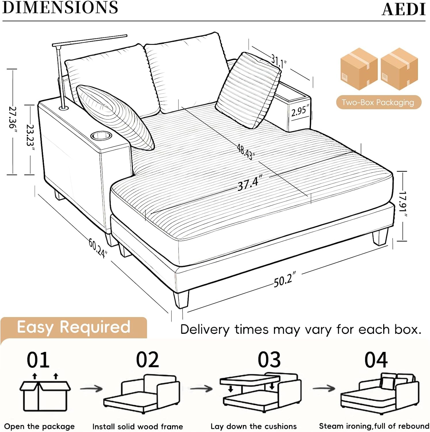 AEDI Oversized Chaise Lounge Chair with Reading Light & USB Charging,Sleeper Sofa with Cup Holder, Solid Wood Frame,for Living Room,Bedroom(Corduroy Beige)