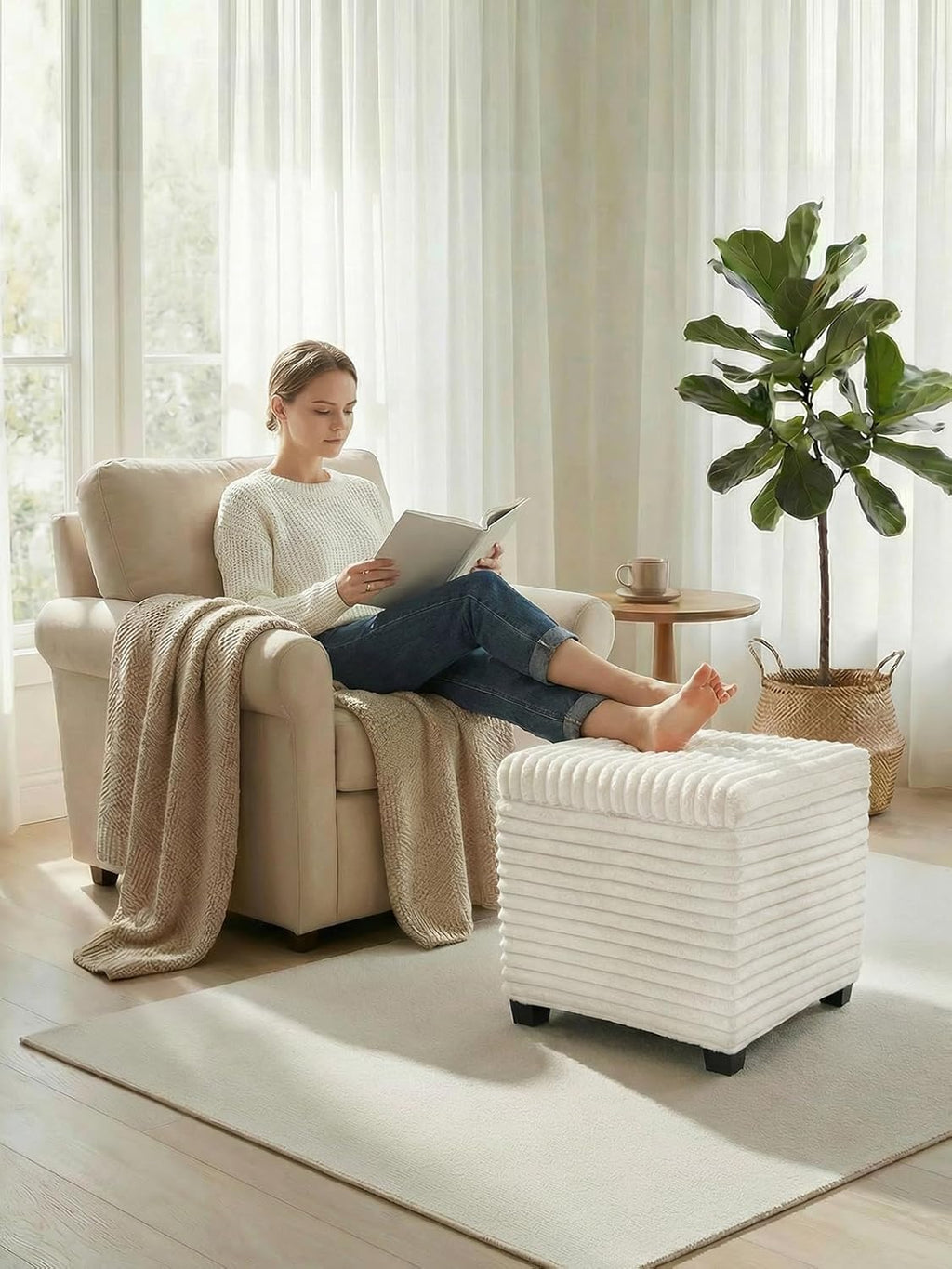 ABHENG 17.7 inches Faux Fur Ottomans Cube with Legs, Metal Framed Vanity Stool Chair Storage Ottoman Foot Rest Stool, Holds 770 LB for Dorm Living Room Bedroom White UASND644W