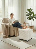 ABHENG 17.7 inches Faux Fur Ottomans Cube with Legs, Metal Framed Vanity Stool Chair Storage Ottoman Foot Rest Stool, Holds 770 LB for Dorm Living Room Bedroom White UASND644W