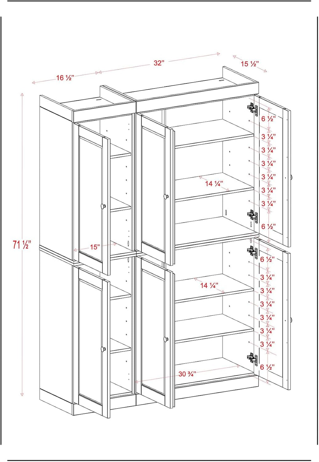 Palace Imports Solid Wood Tall Kitchen Pantry Cabinet - 71.5" H x 48.5" W – Wooden Storage Cabinet w/ 6 Shaker Doors & 8 Adjustable Shelves – White, 100% Renewable Eco-Friendly Wood, Made in Brazil