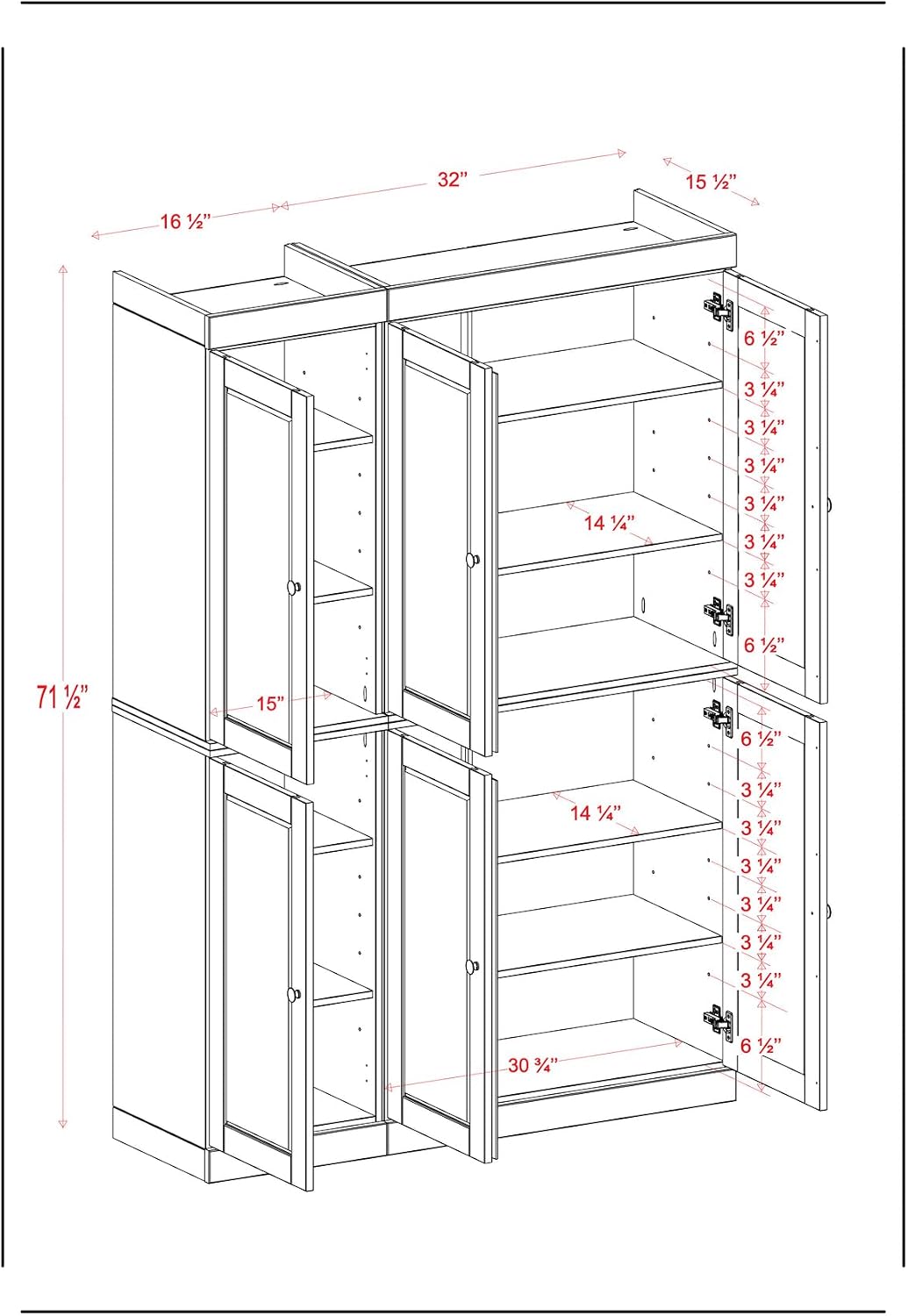 Palace Imports Solid Wood Tall Kitchen Pantry Cabinet - 71.5" H x 48.5" W – Wooden Storage Cabinet w/ 6 Shaker Doors & 8 Adjustable Shelves – White, 100% Renewable Eco-Friendly Wood, Made in Brazil