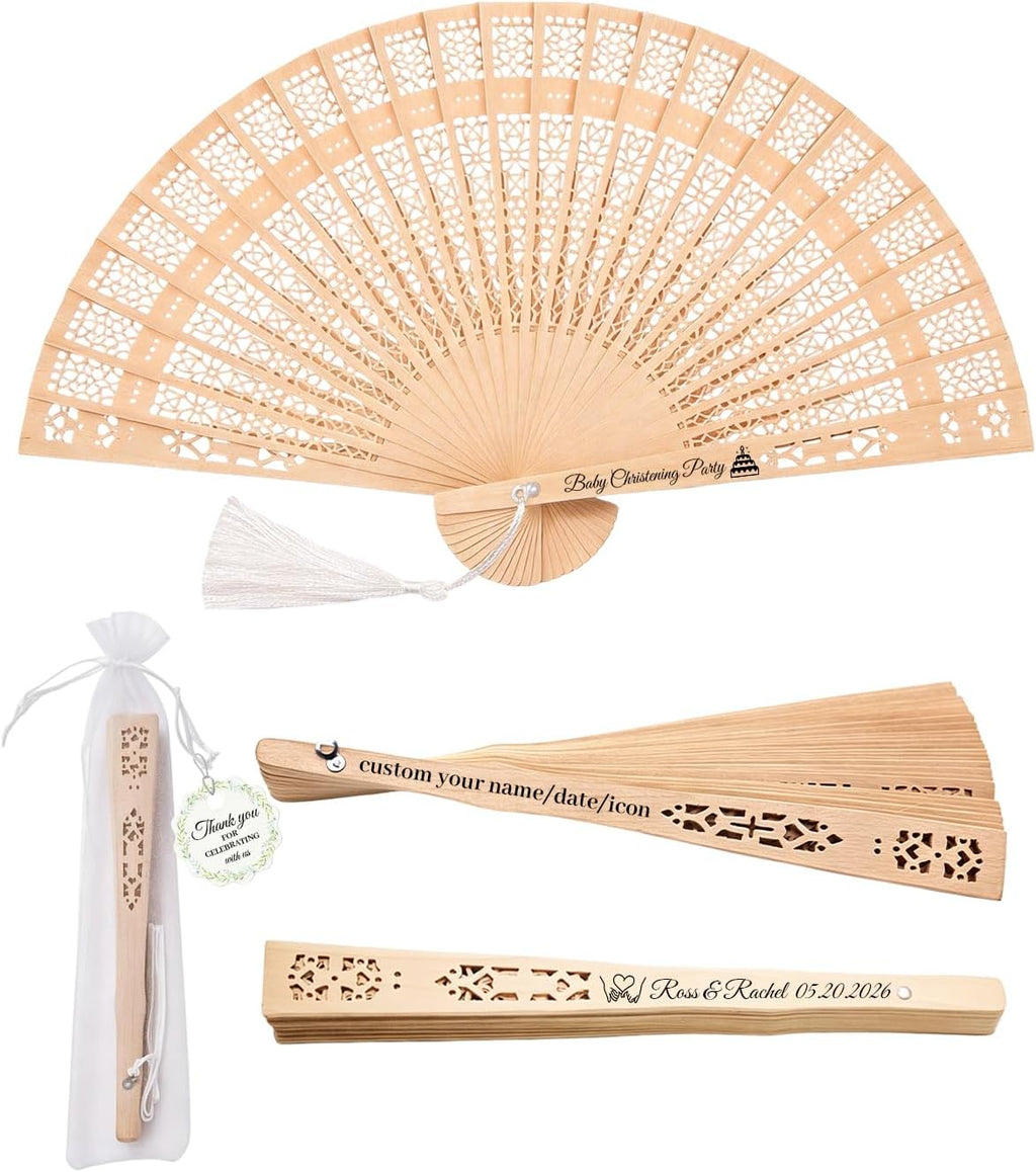 Personalized Fans for Wedding - Handheld Foldable Wooden Fans with Tassels and Organza Bags Custom Wedding Favors for Guests, Eco-Friendly Bulk Bridal Party Gifts (50)
