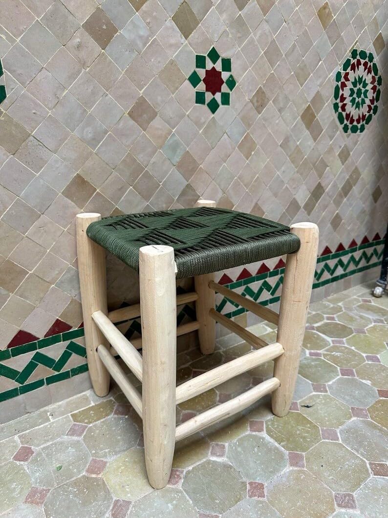 Moroccan Handwoven Stool, Rustic Wooden Footstool with Green Geometric Woven Seat, Small Portable Ottoman for Living Room Bedroom, Bohemian Farmhouse Accent Chair