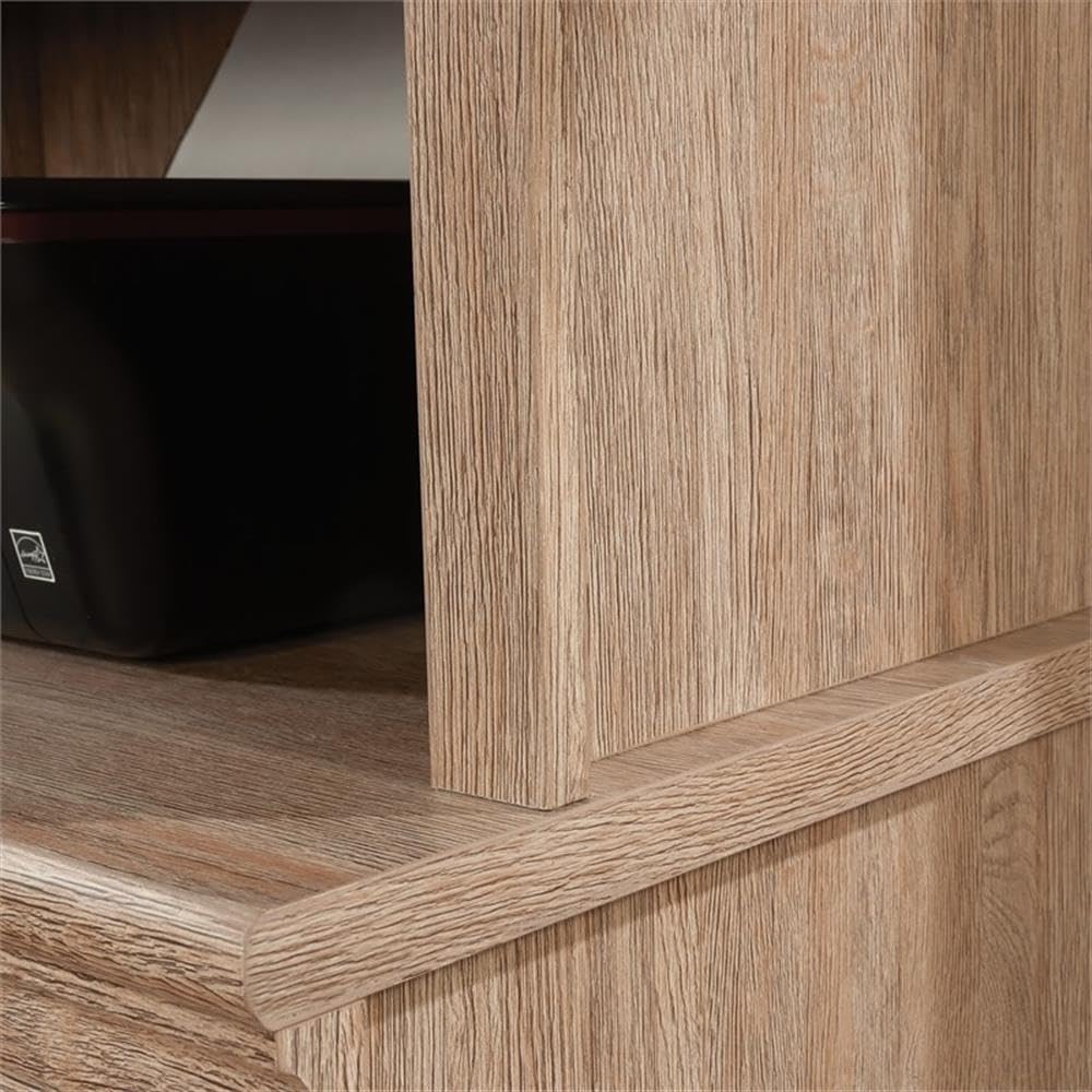 Pemberly Row Engineered Wood Library Hutch, Brushed Oak Finish, 42.17 in H x 31.5 in W x 17.68 in D, Adjustable Shelves, Cord Management, Safety Glass Doors, Home Office or Study Storage Unit